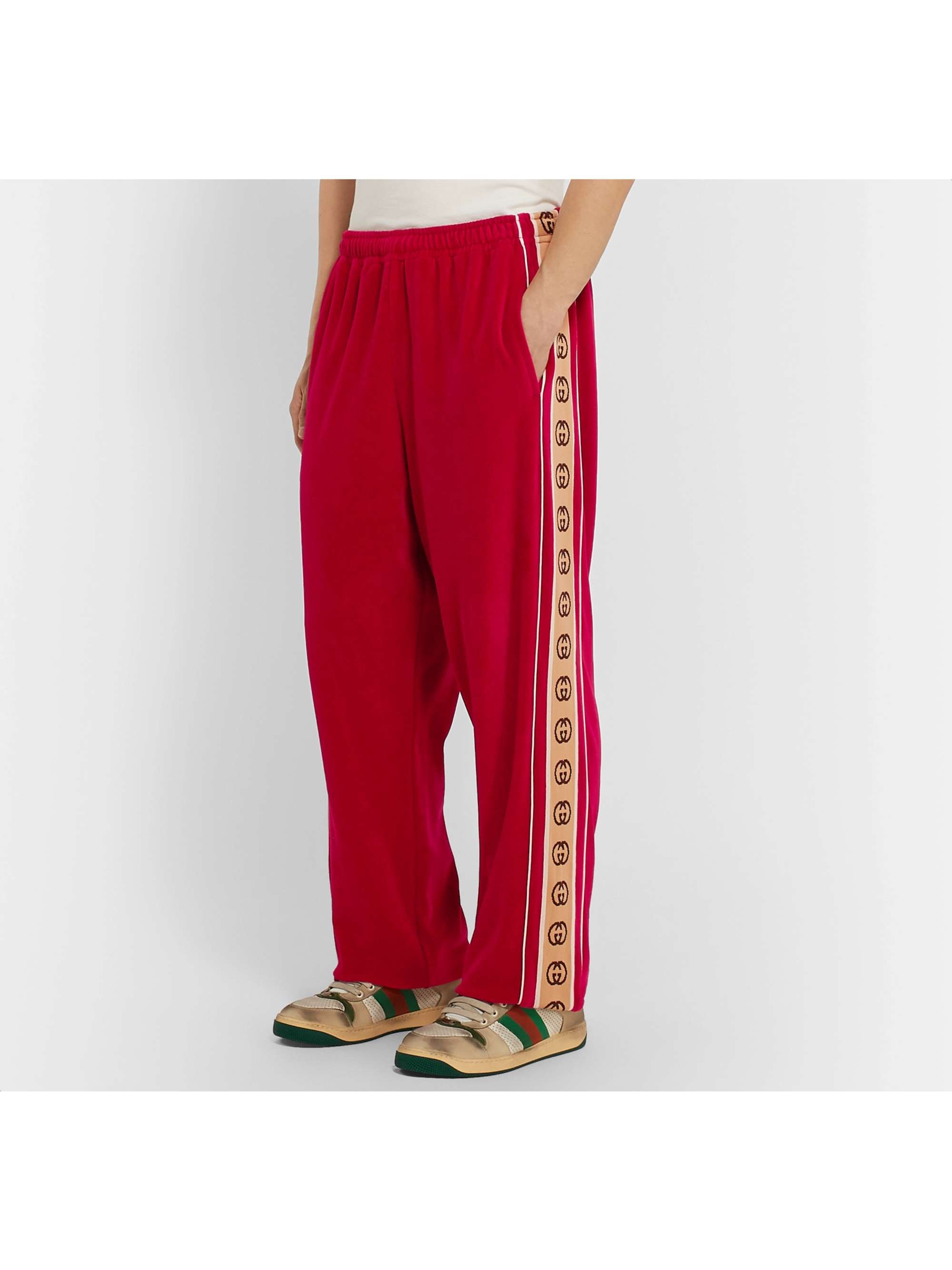 GUCCI Tapered Logo-Appliquéd Webbing-Trimmed Piped Velvet Sweatpants