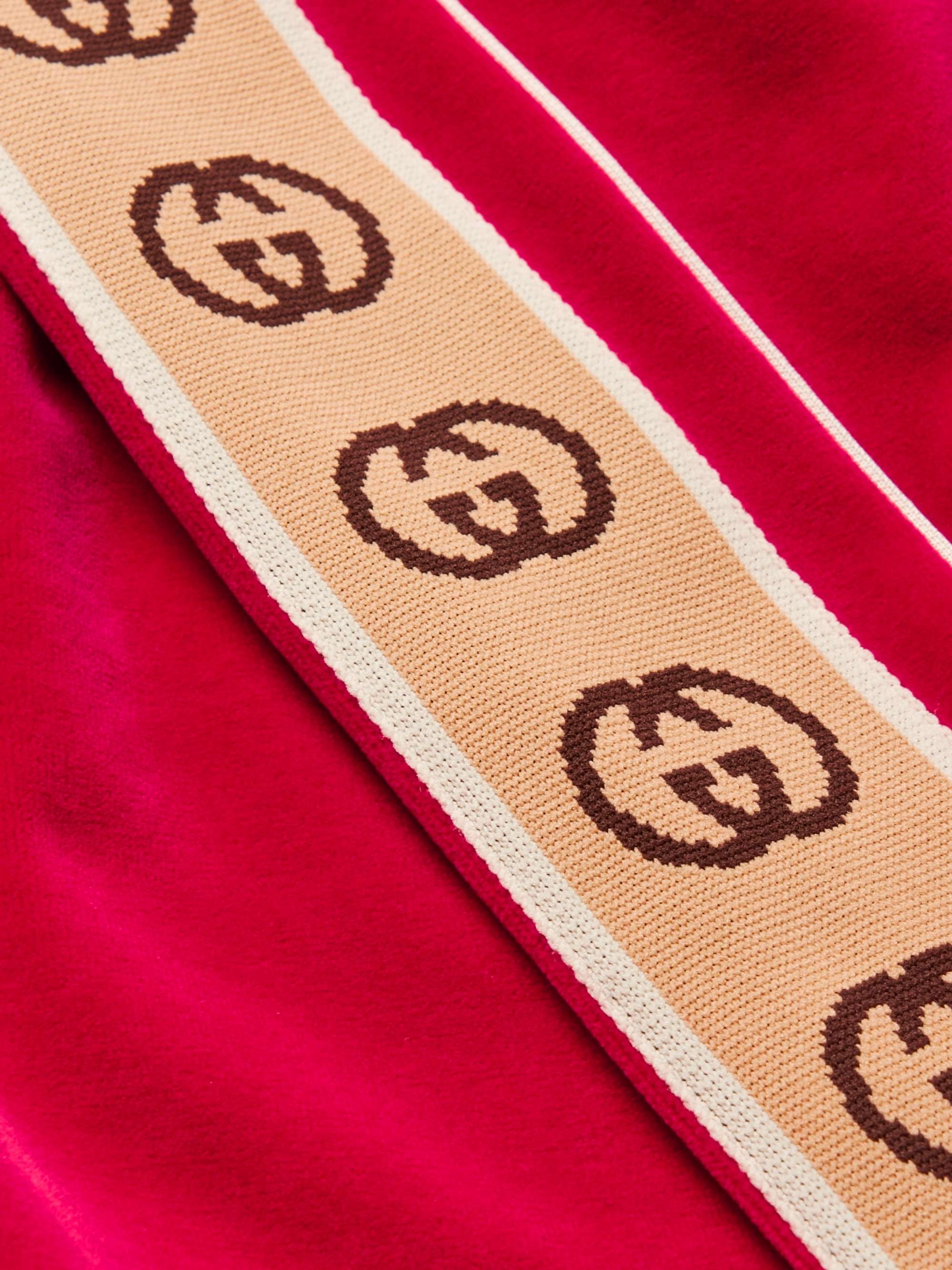 GUCCI Tapered Logo-Appliquéd Webbing-Trimmed Piped Velvet Sweatpants
