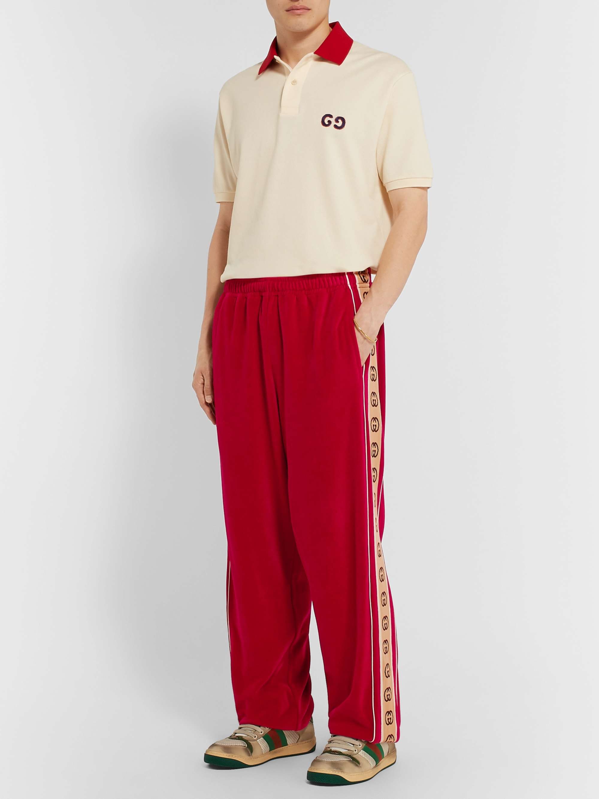 GUCCI Tapered Logo-Appliquéd Webbing-Trimmed Piped Velvet Sweatpants