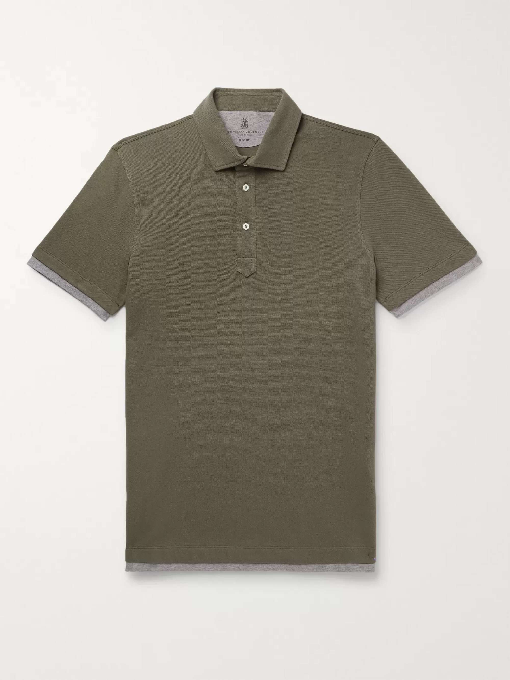 BRUNELLO CUCINELLI Slim-Fit Layered Mélange Cotton-Piqué Polo Shirt