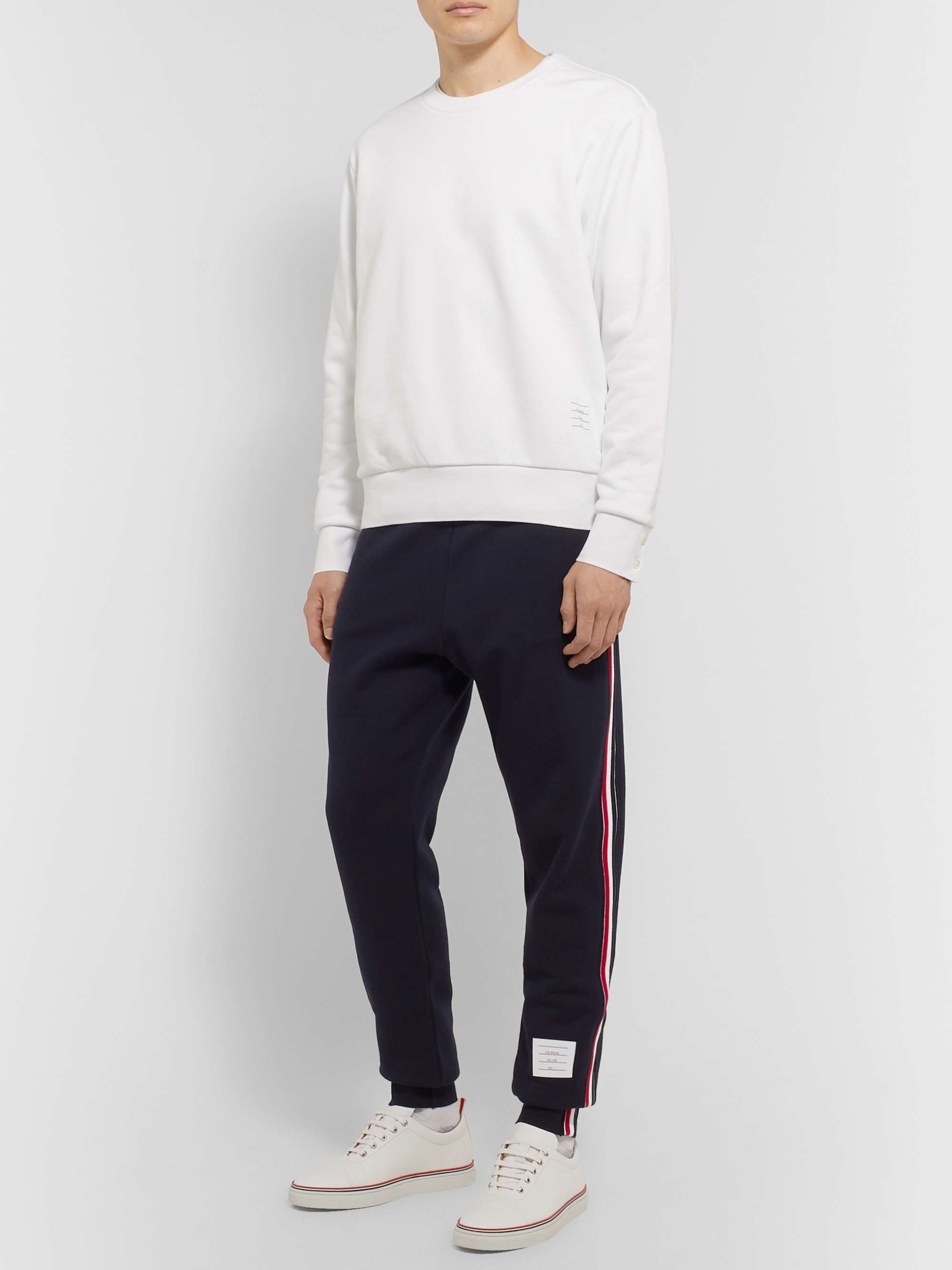 THOM BROWNE Tapered Grosgrain-Trimmed Loopback Cotton-Jersey Sweatpants ...