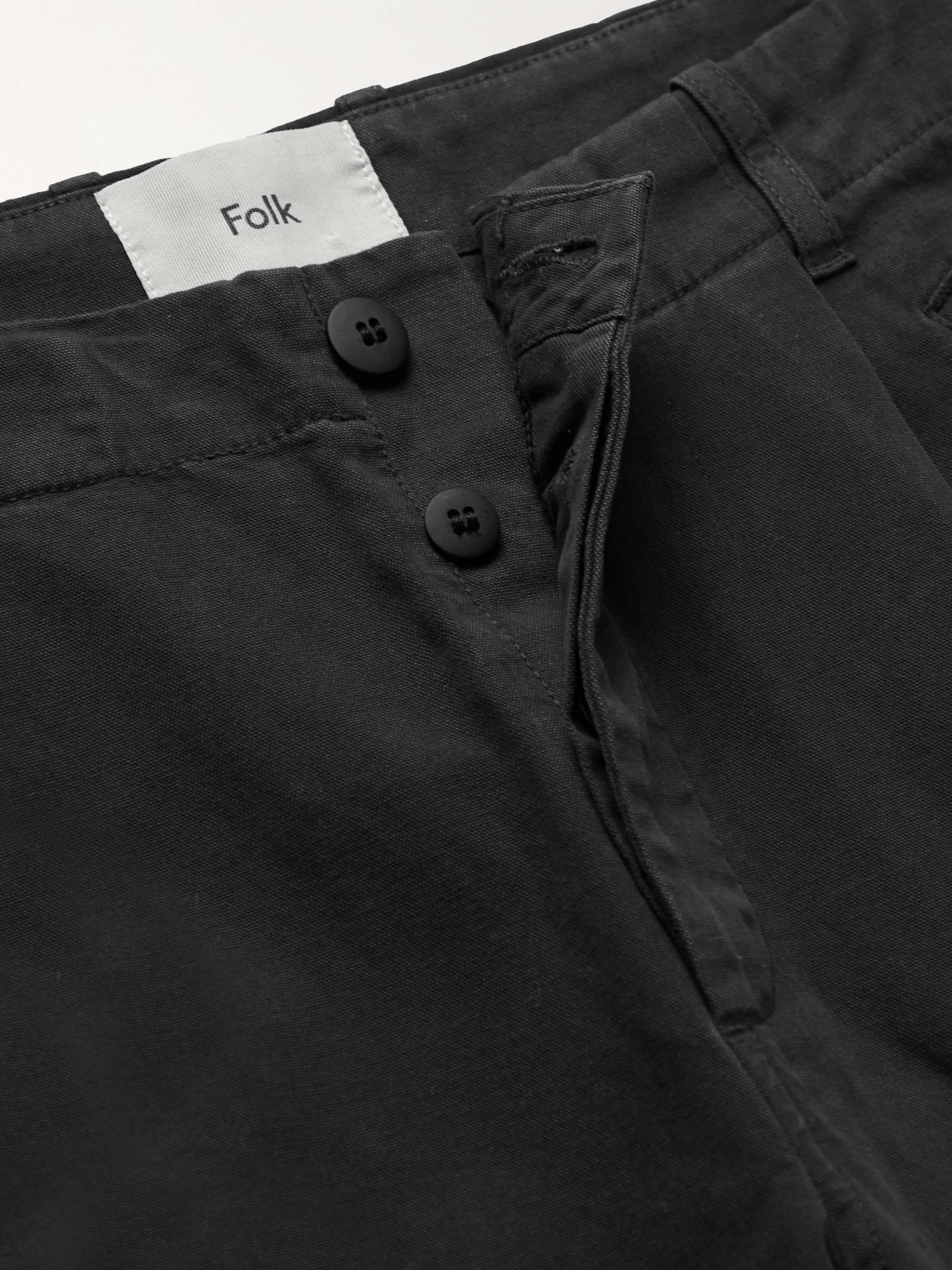 FOLK Navy Assembly Tapered Pleated Cotton-Canvas Trousers