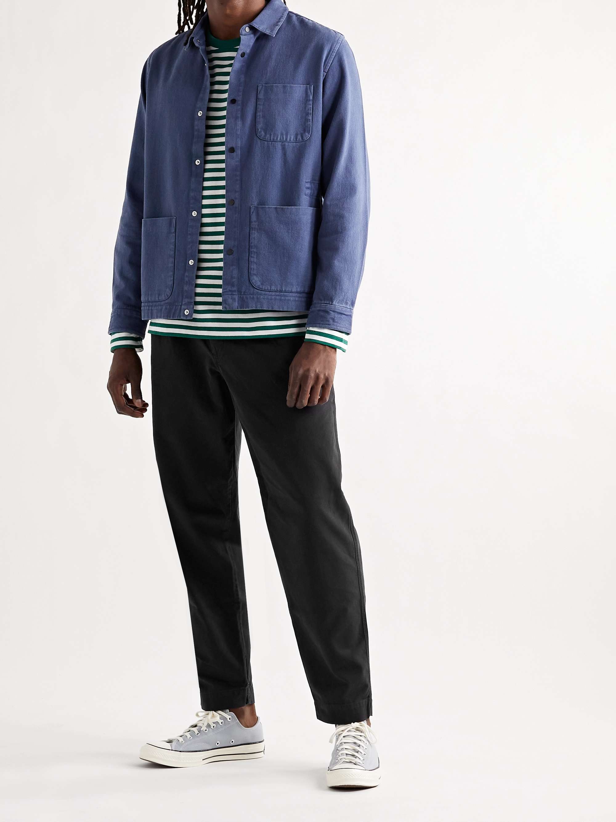 FOLK Navy Assembly Tapered Pleated Cotton-Canvas Trousers