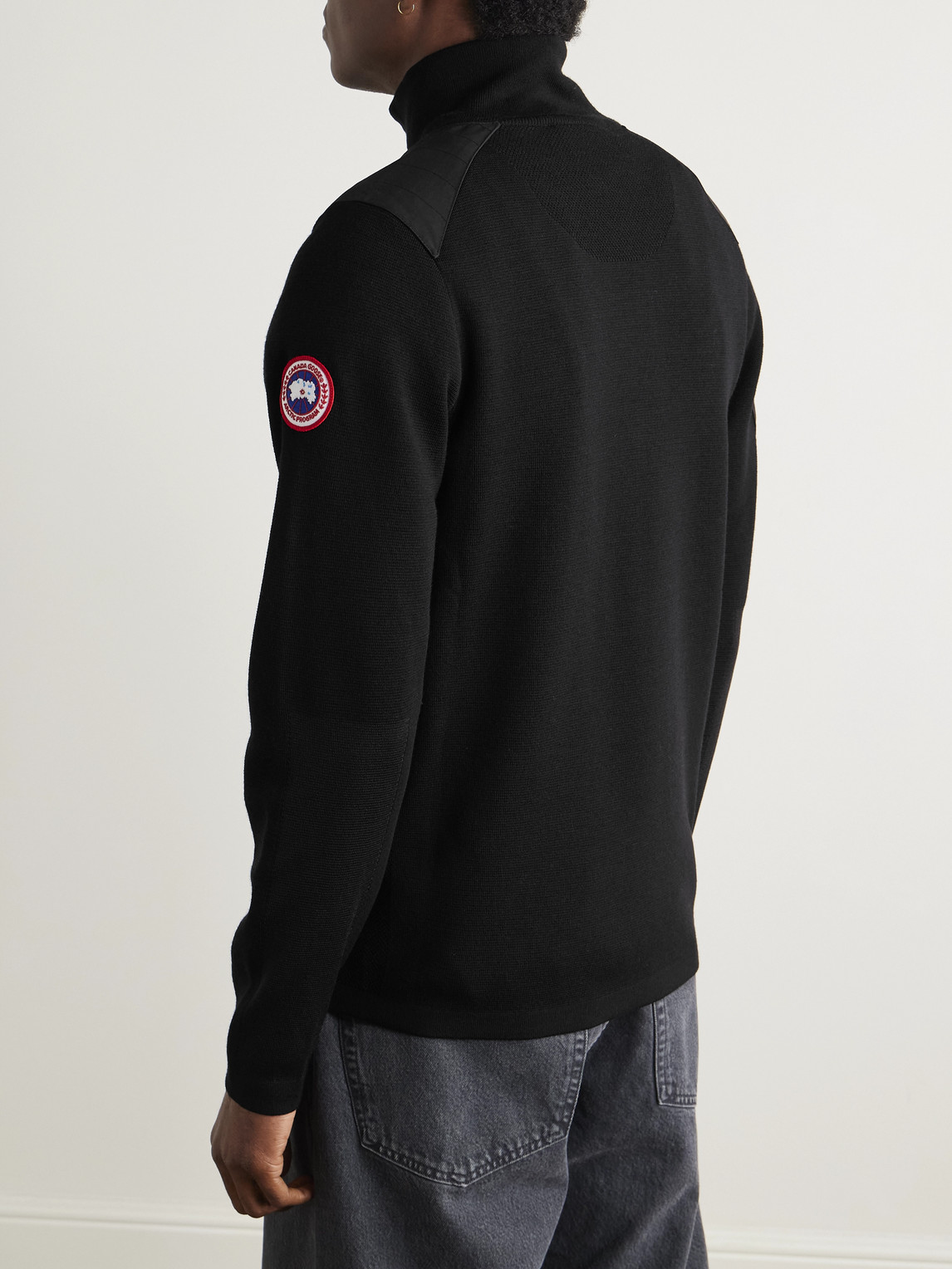 Shop Canada Goose Stormont Slim-fit Cordura-trimmed Merino Wool Half-zip Sweater In Black