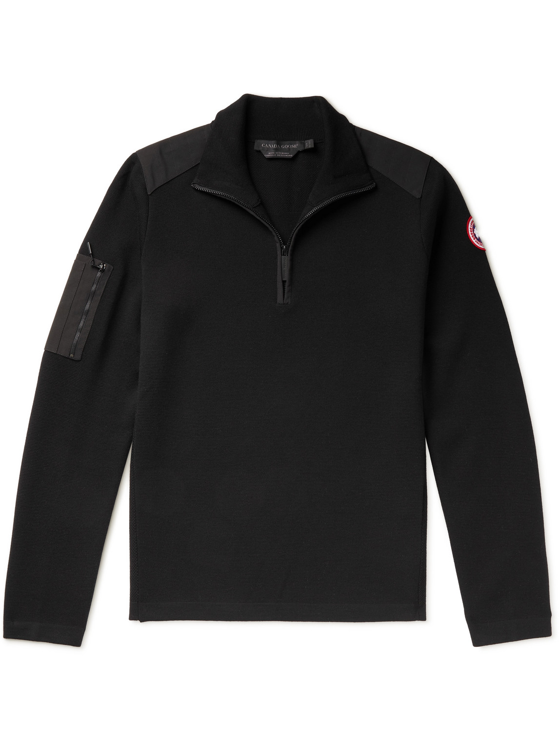 Shop Canada Goose Stormont Slim-fit Cordura-trimmed Merino Wool Half-zip Sweater In Black