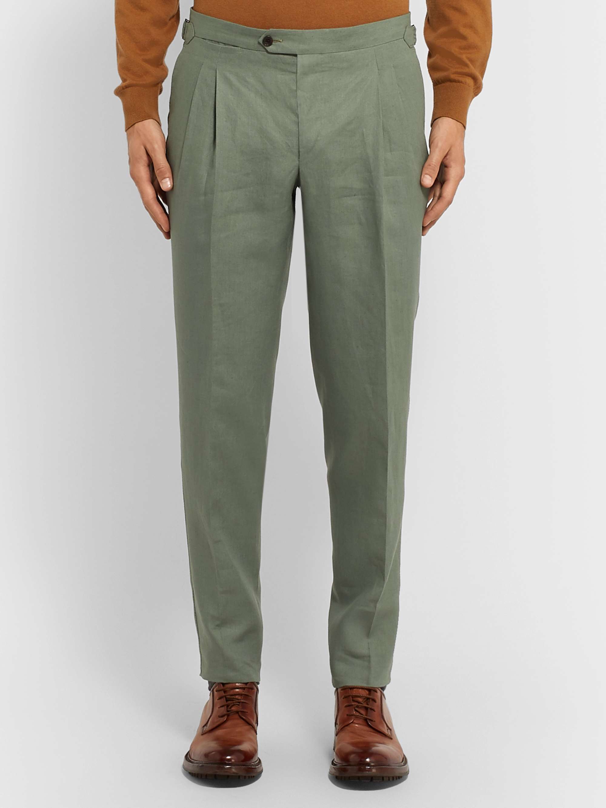 THOM SWEENEY Tapered Pleated Linen Trousers