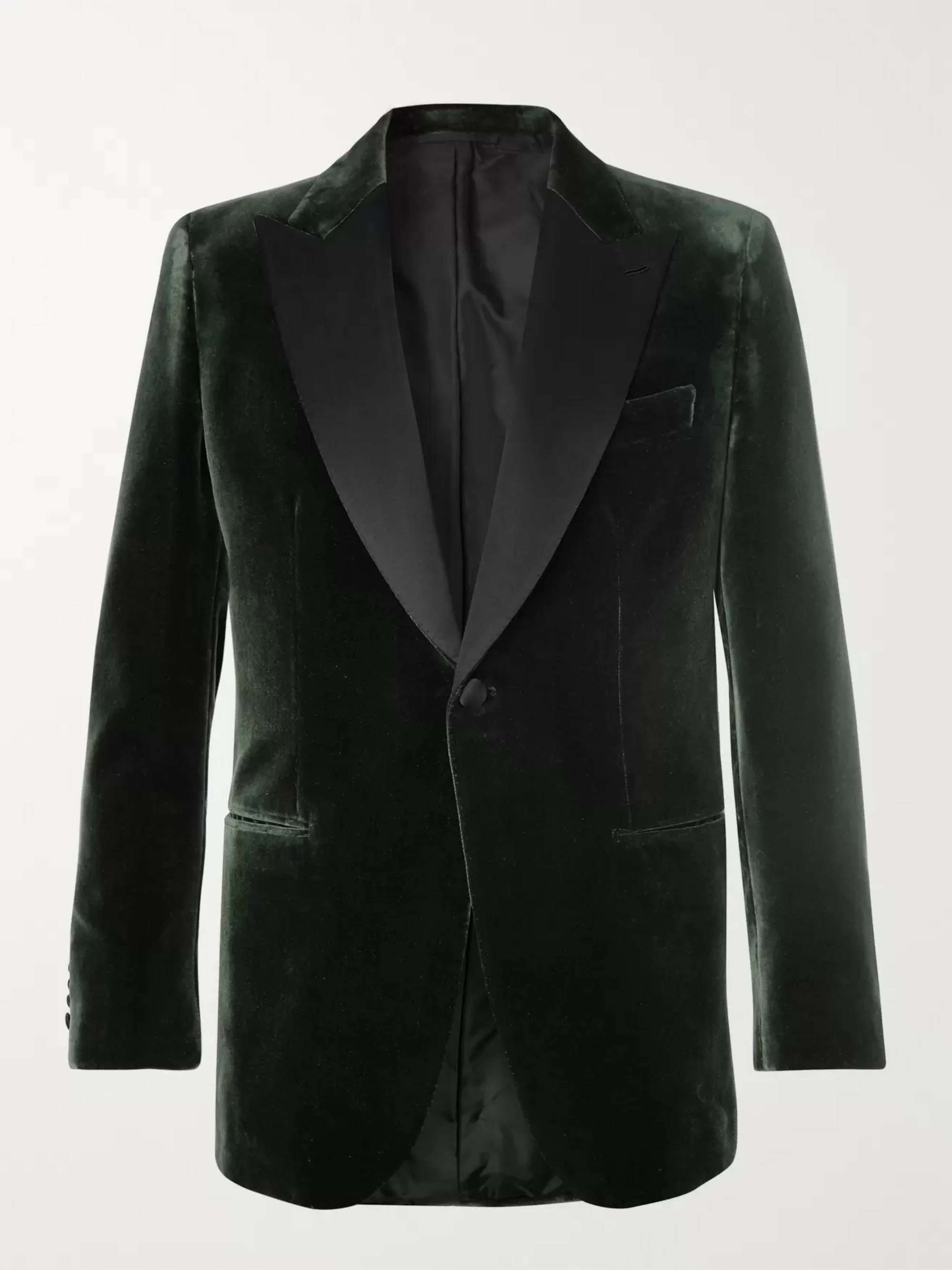 BRIONI Dark-Green Slim-Fit Silk Satin-Trimmed Cotton and Silk-Blend Velvet Tuxedo Jacket