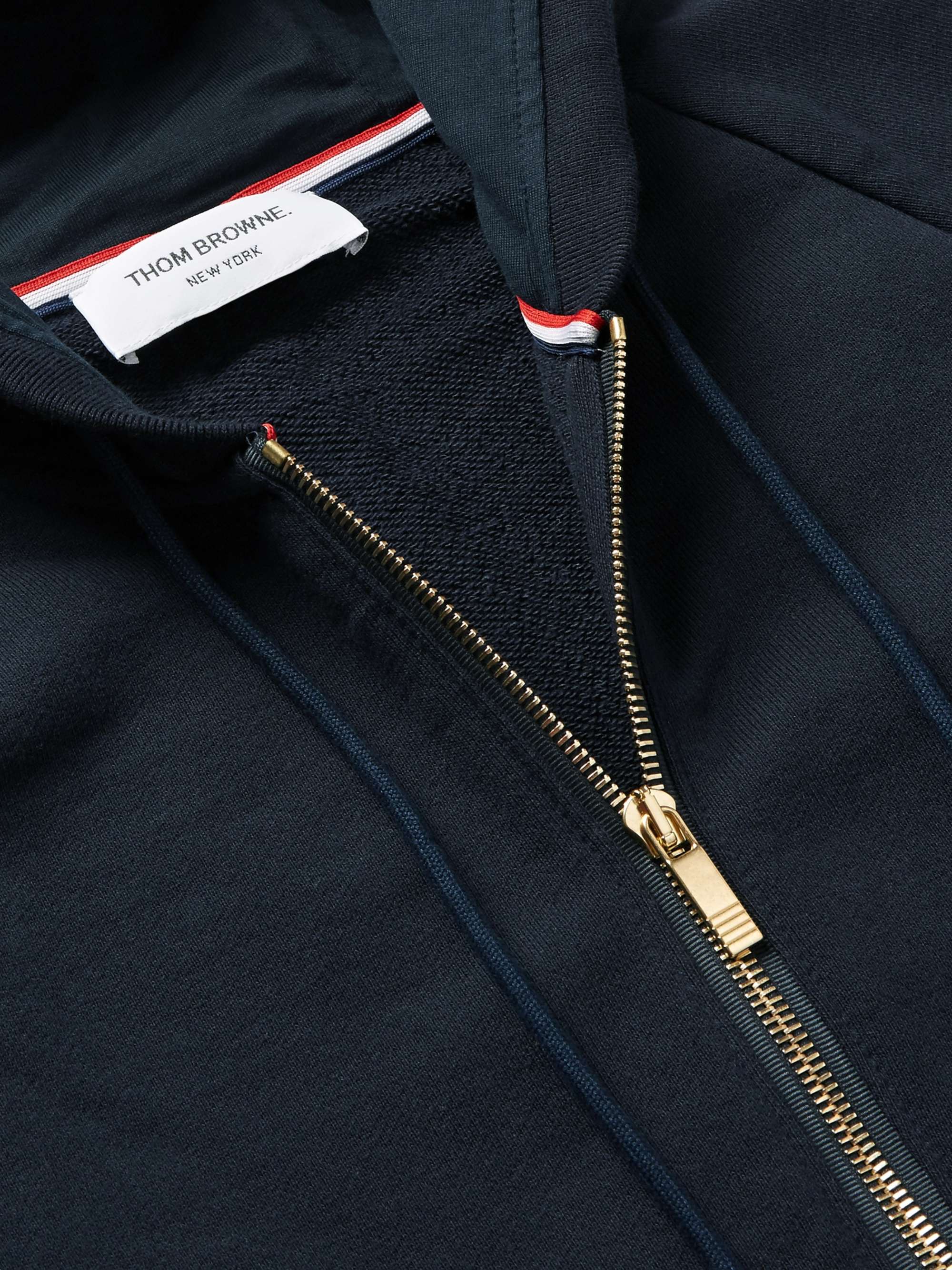 THOM BROWNE Striped Ribbed Cotton-Jersey Zip-Up Hoodie