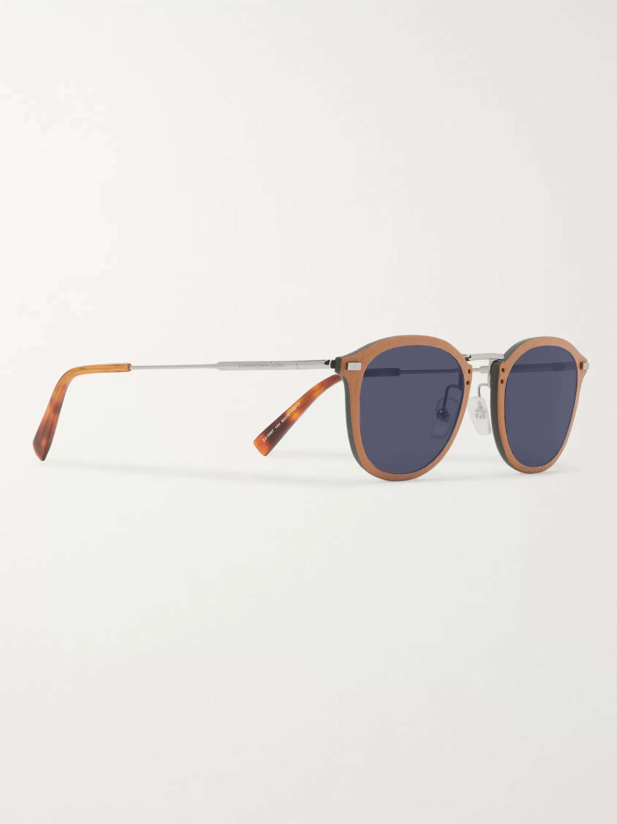 ZEGNA D-Frame Leather-Trimmed Acetate and Gunmetal-Tone Sunglasses