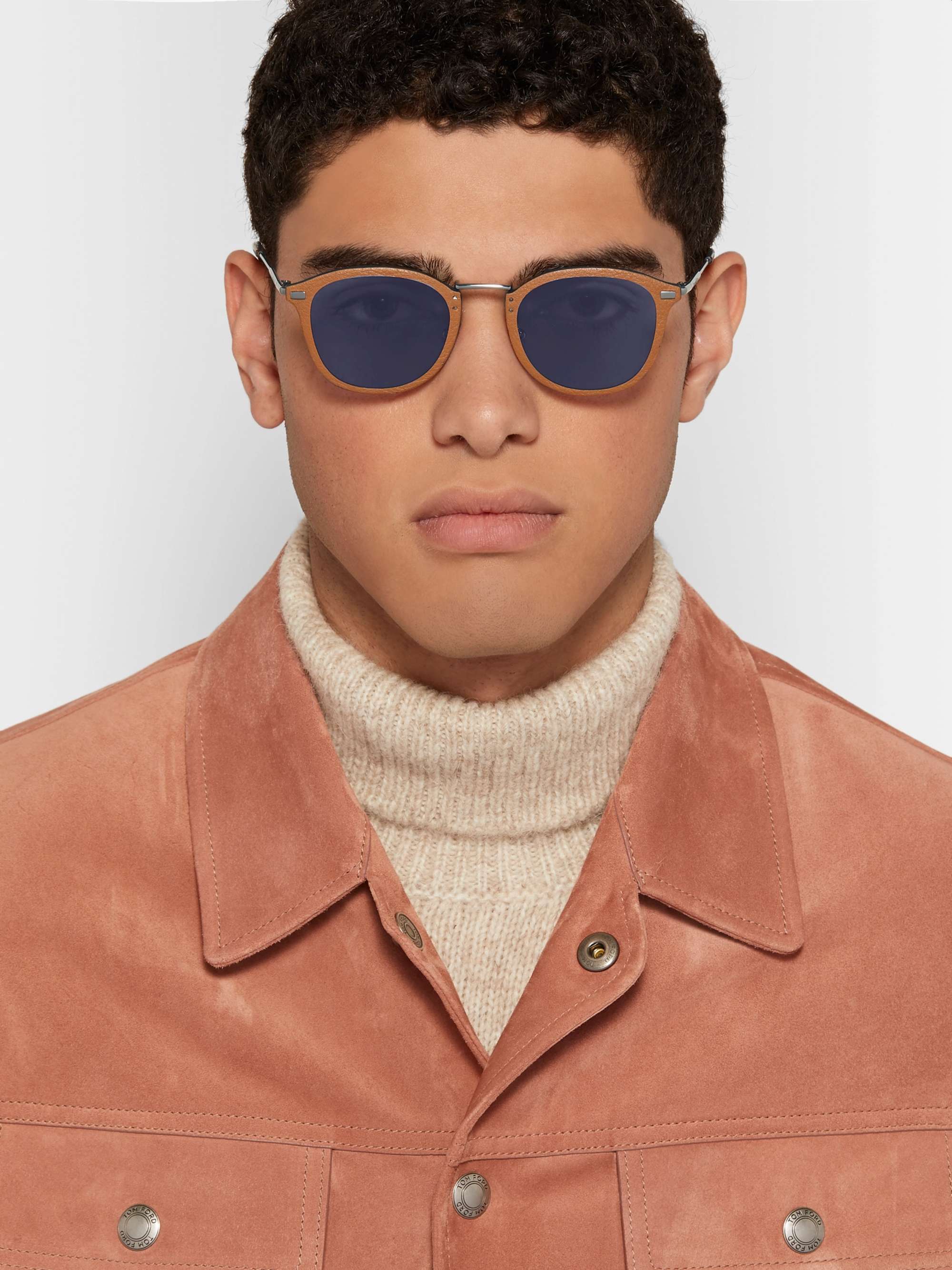 ZEGNA D-Frame Leather-Trimmed Acetate and Gunmetal-Tone Sunglasses