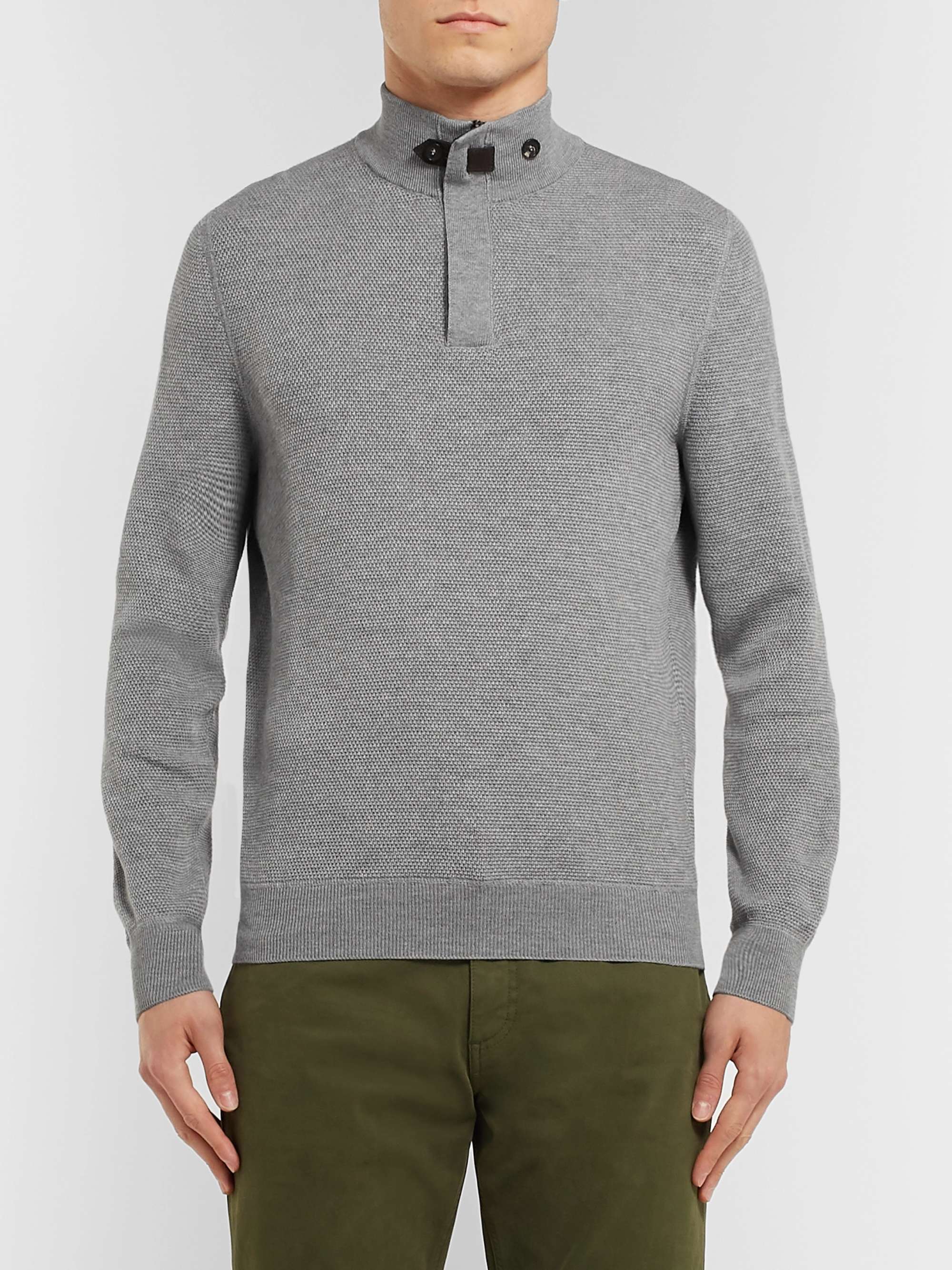 ZEGNA Suede-Trimmed Waffle-Knit Wool Sweater