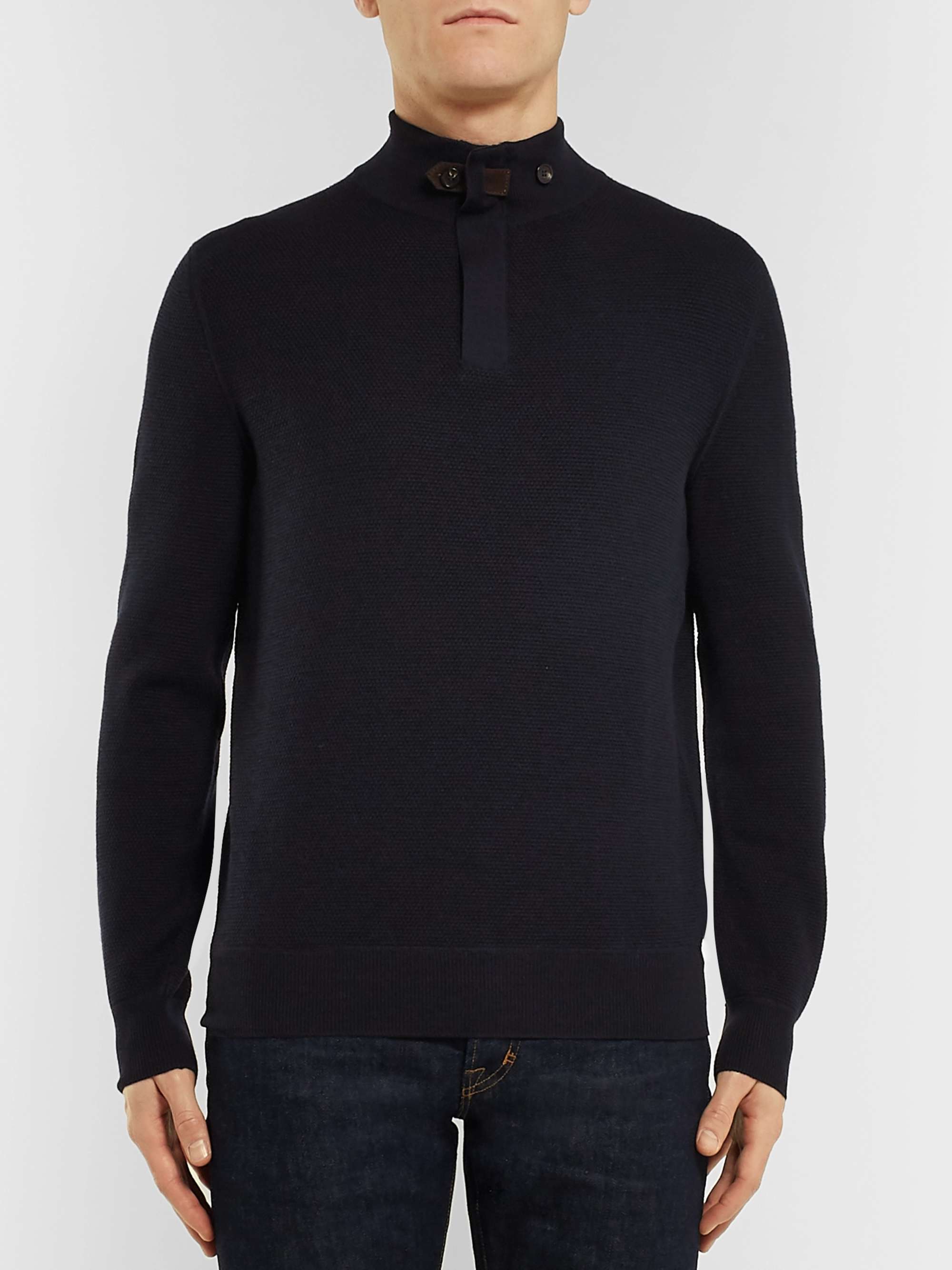 ZEGNA Suede-Trimmed Waffle-Knit Wool Sweater