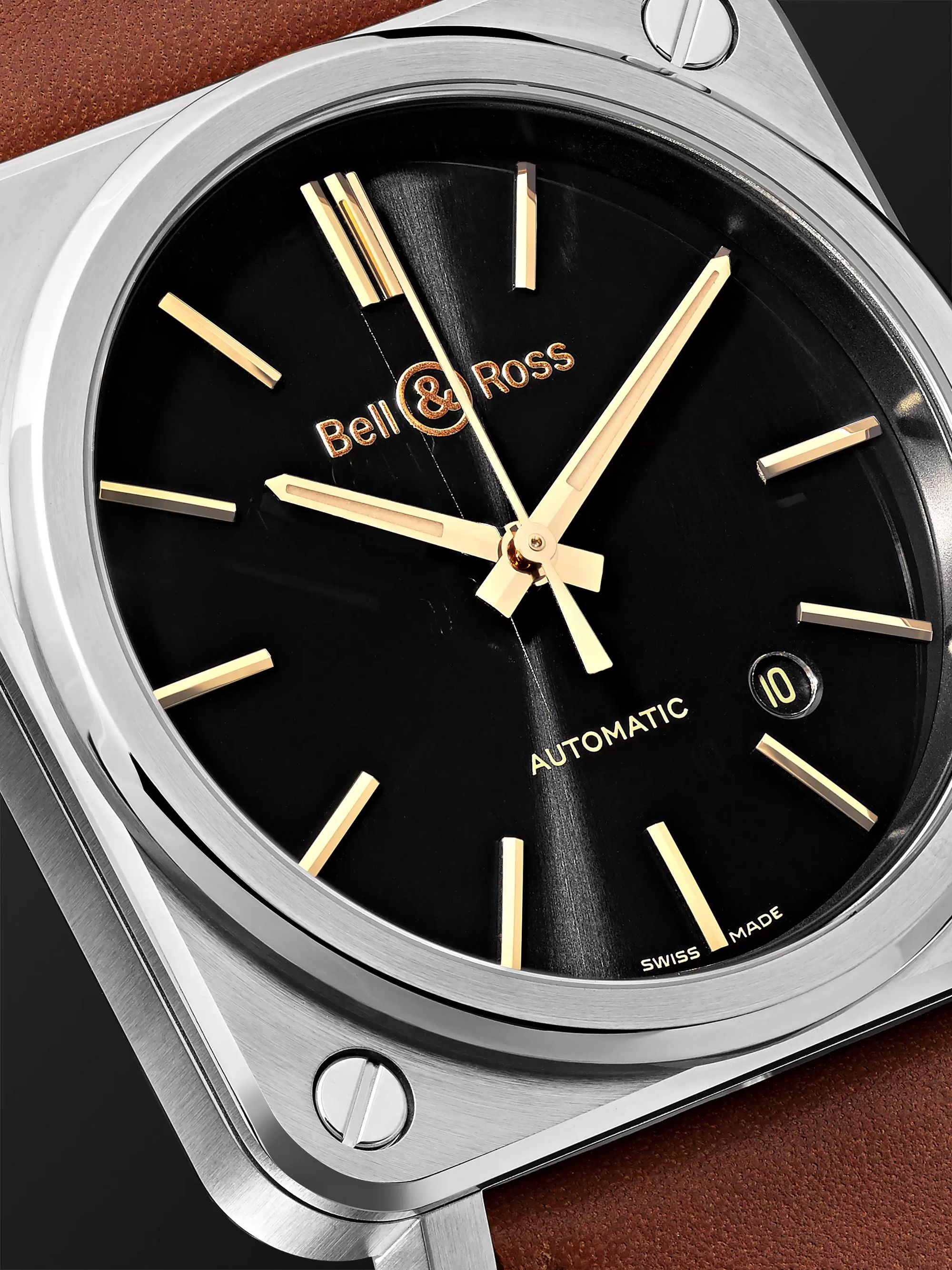 BELL & ROSS BR S-92 Golden Heritage Automatic 39mm Stainless Steel and Leather Watch, Ref. No. BRS92-ST-G-HE/SCA