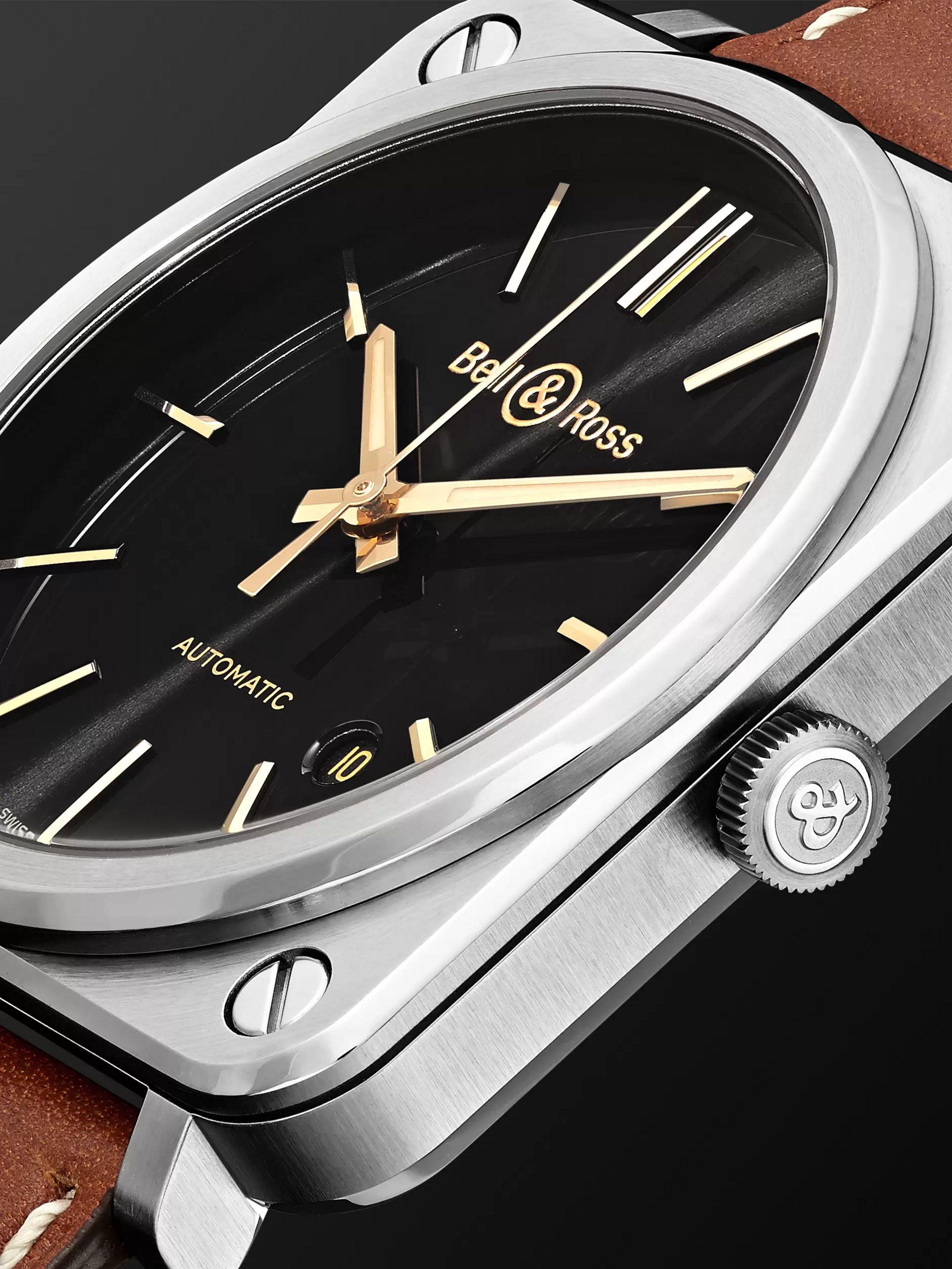 BELL & ROSS BR S-92 Golden Heritage Automatic 39mm Stainless Steel and Leather Watch, Ref. No. BRS92-ST-G-HE/SCA
