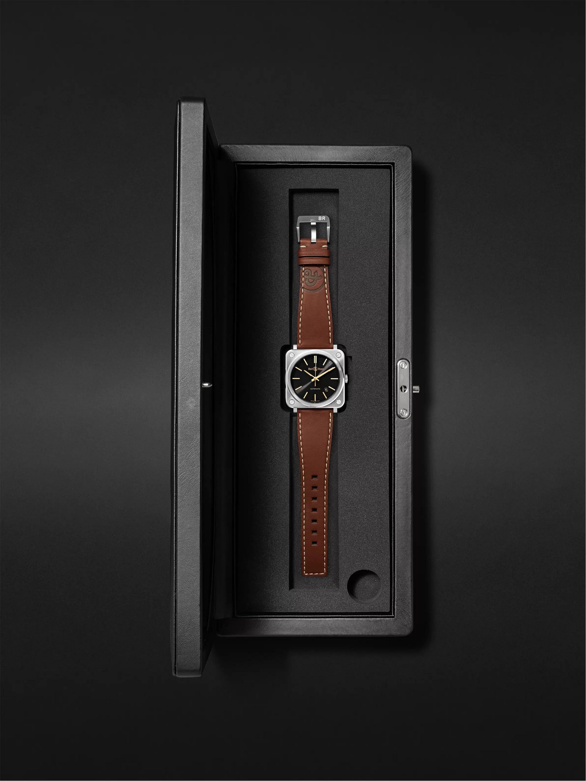 BELL & ROSS BR S-92 Golden Heritage Automatic 39mm Stainless Steel and Leather Watch, Ref. No. BRS92-ST-G-HE/SCA