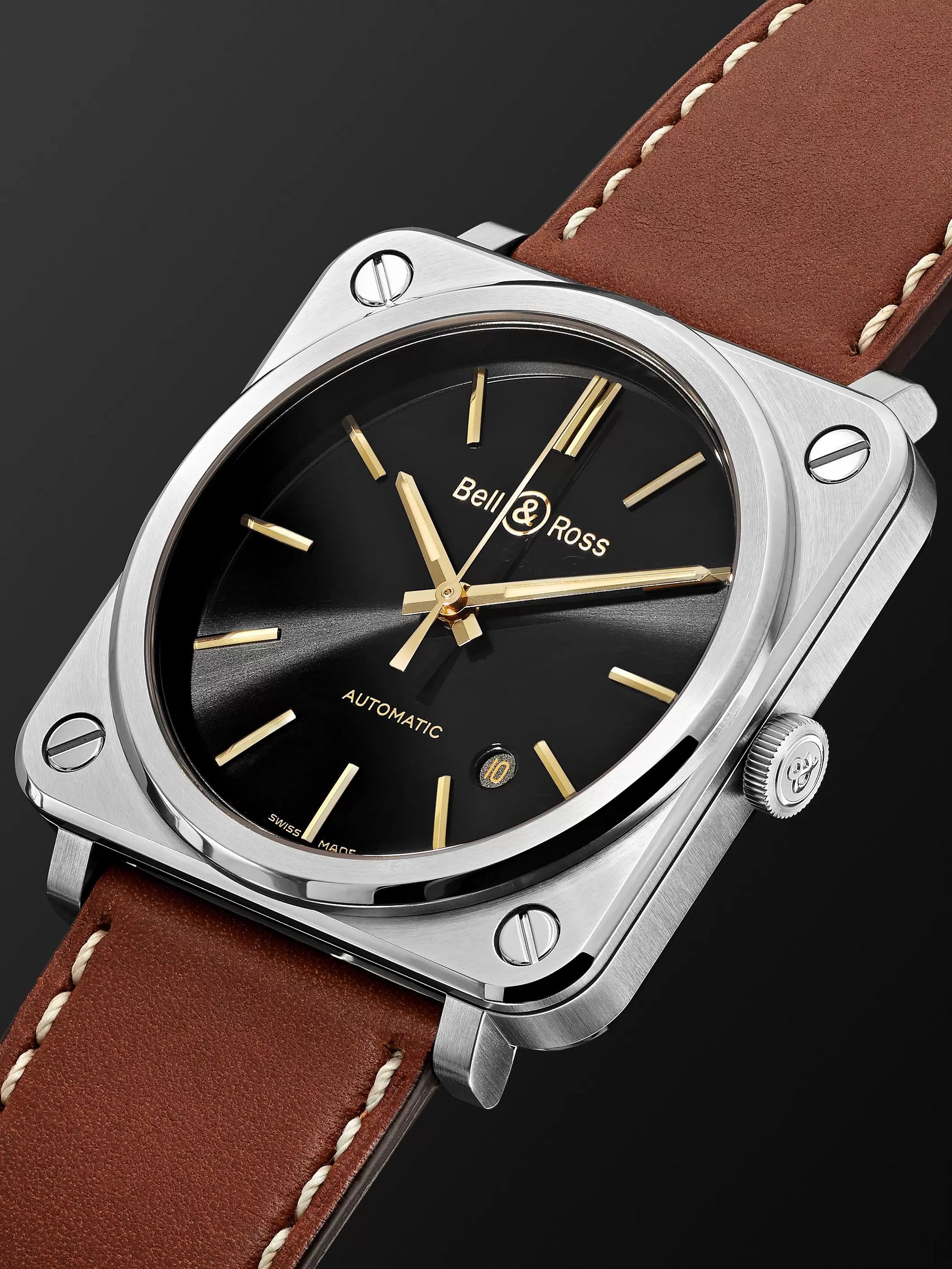 BELL & ROSS BR S-92 Golden Heritage Automatic 39mm Stainless Steel and Leather Watch, Ref. No. BRS92-ST-G-HE/SCA