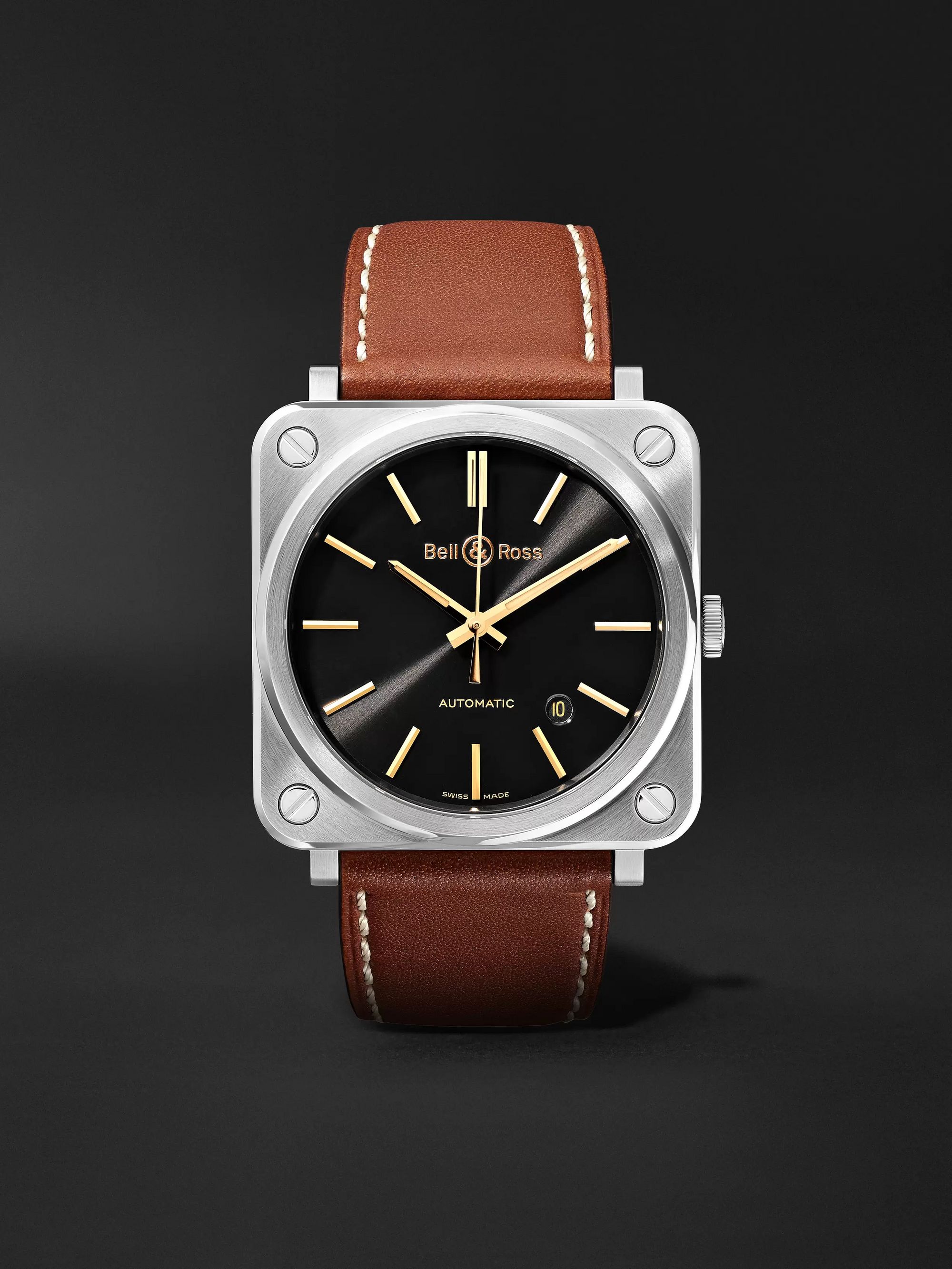 BELL & ROSS BR S-92 Golden Heritage Automatic 39mm Stainless Steel and Leather Watch, Ref. No. BRS92-ST-G-HE/SCA