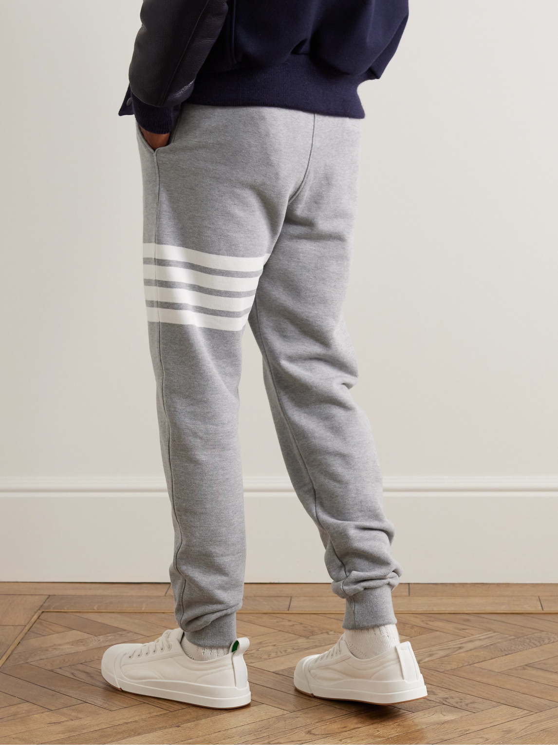Shop Thom Browne Tapered Striped Loopback Cotton-jersey Sweatpants In Gray