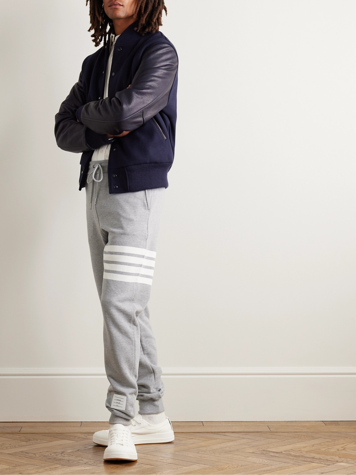 Shop Thom Browne Tapered Striped Loopback Cotton-jersey Sweatpants In Gray