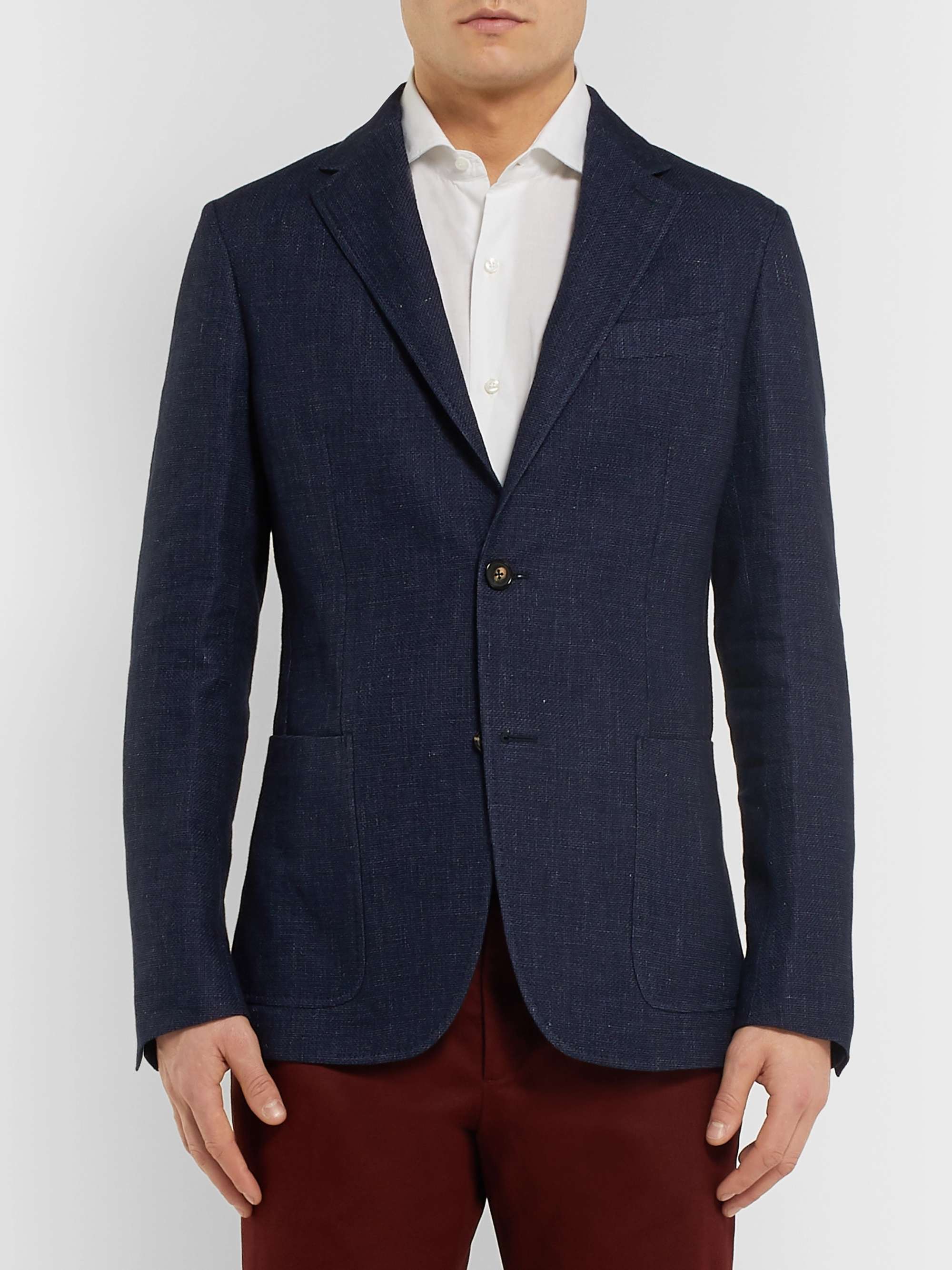 ZEGNA Navy Slim-Fit Unstructured Mélange Linen, Cotton and Silk-Blend Blazer