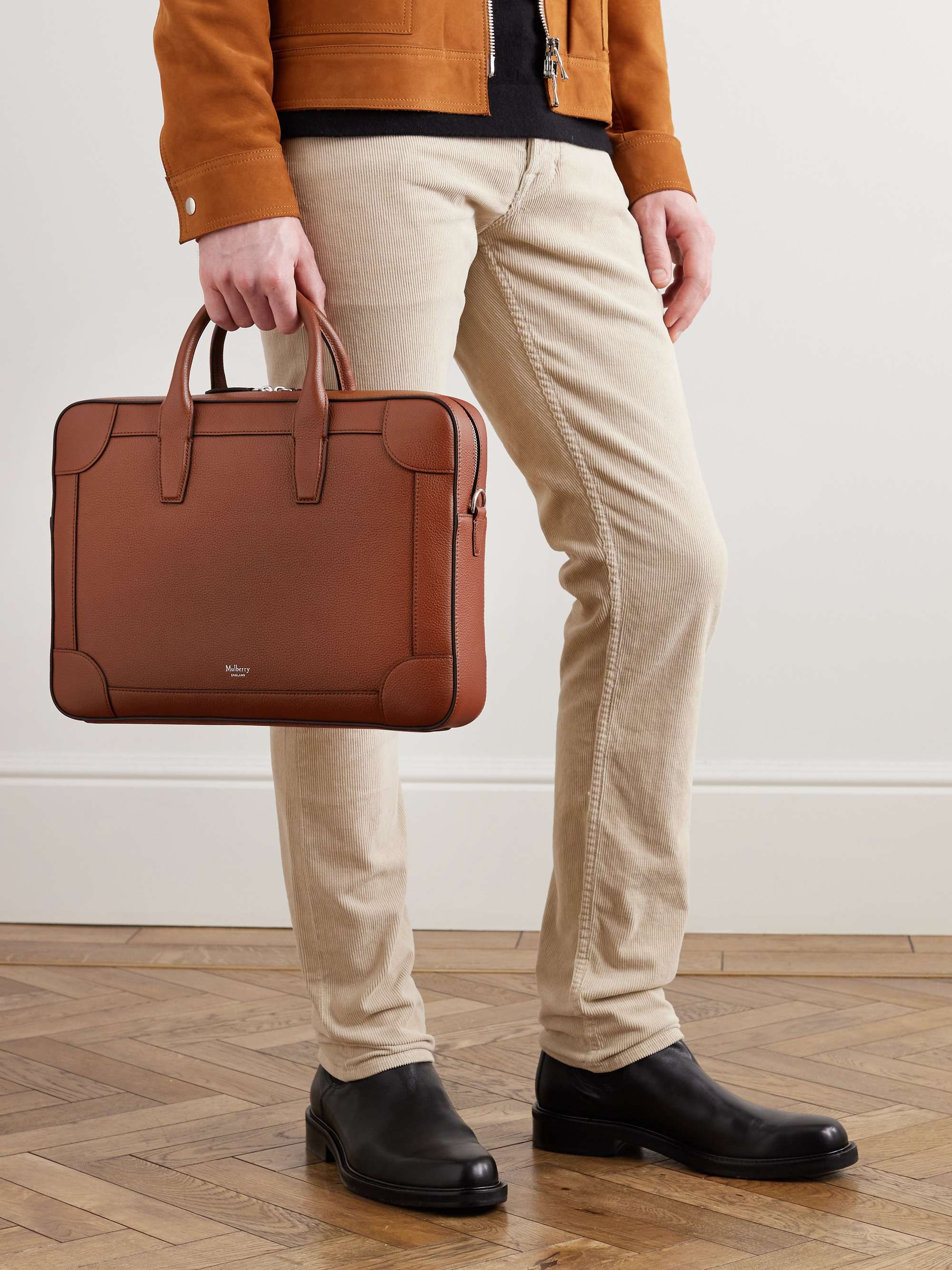 Modern Full Grain Leather Briefcase for Men with Shoulder Strap