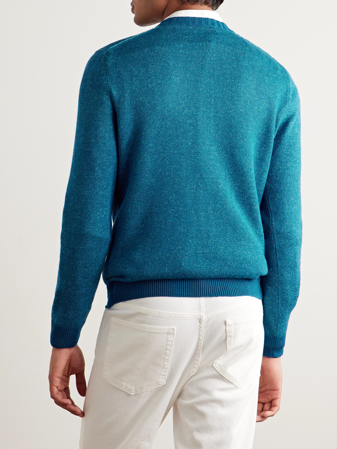 Shop Loro Piana Slim-fit Mélange Linen, Cashmere And Silk-blend Sweater In Blue