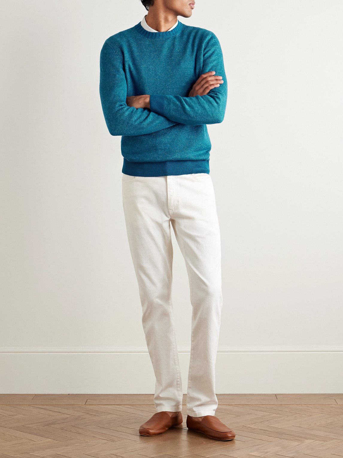 Shop Loro Piana Slim-fit Mélange Linen, Cashmere And Silk-blend Sweater In Blue