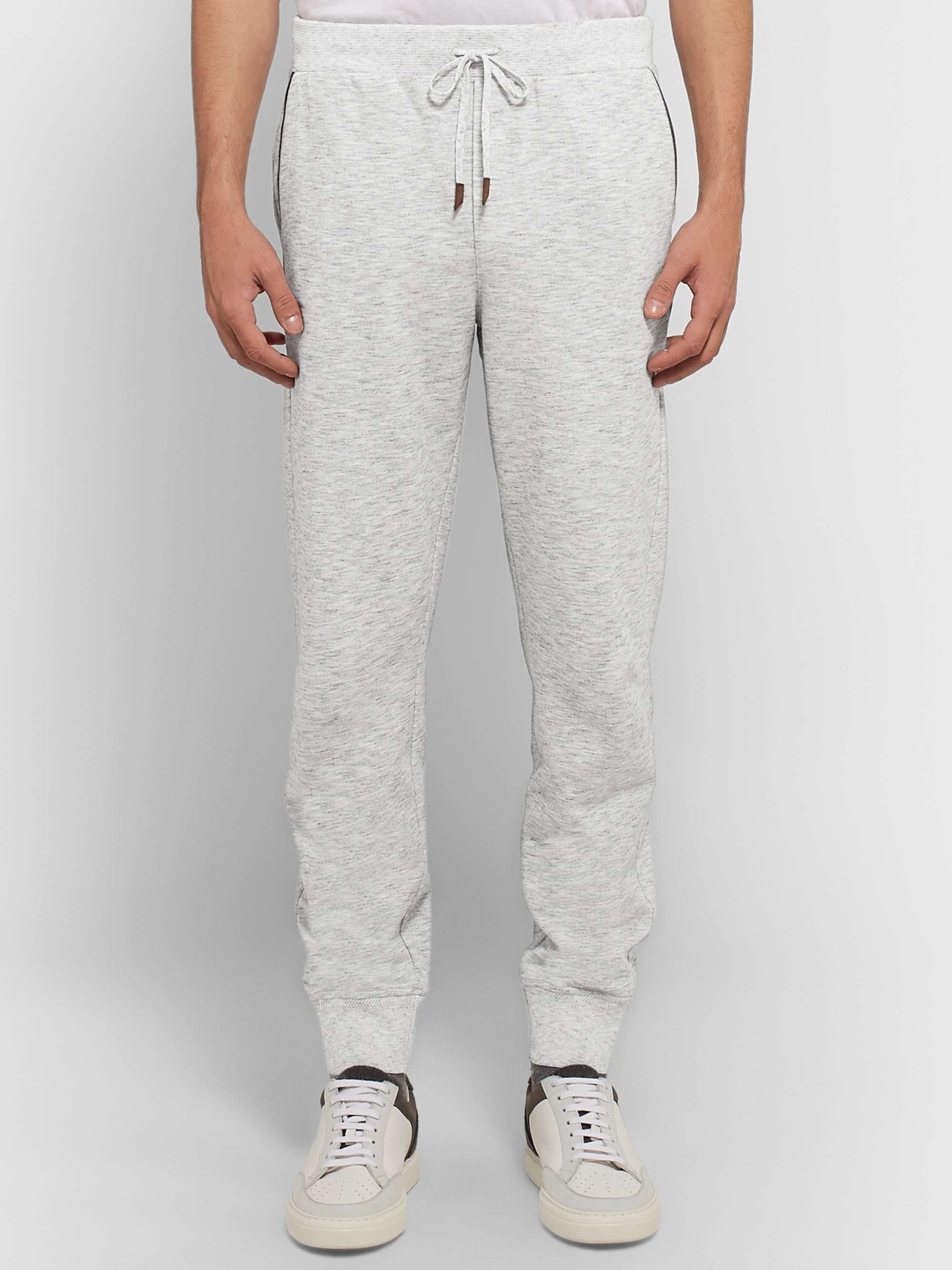 ZEGNA Tapered Embroidered Mélange Loopback Cotton-Jersey Sweatpants