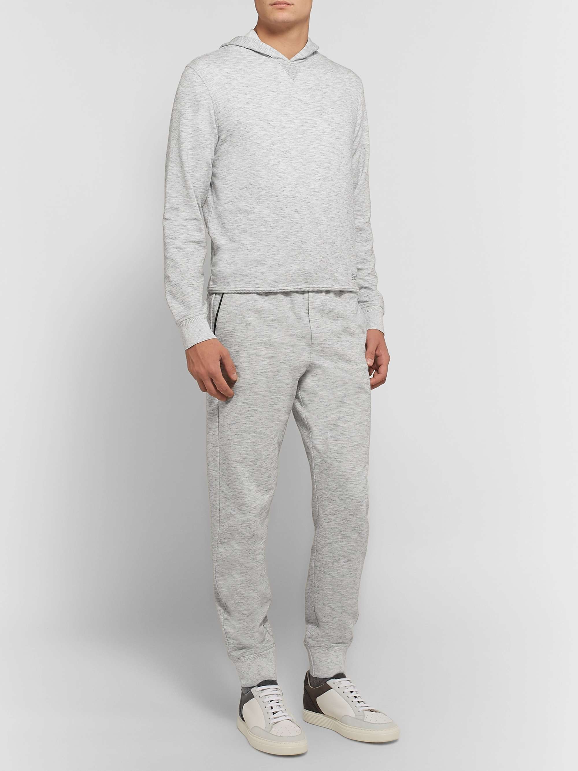 ZEGNA Tapered Embroidered Mélange Loopback Cotton-Jersey Sweatpants