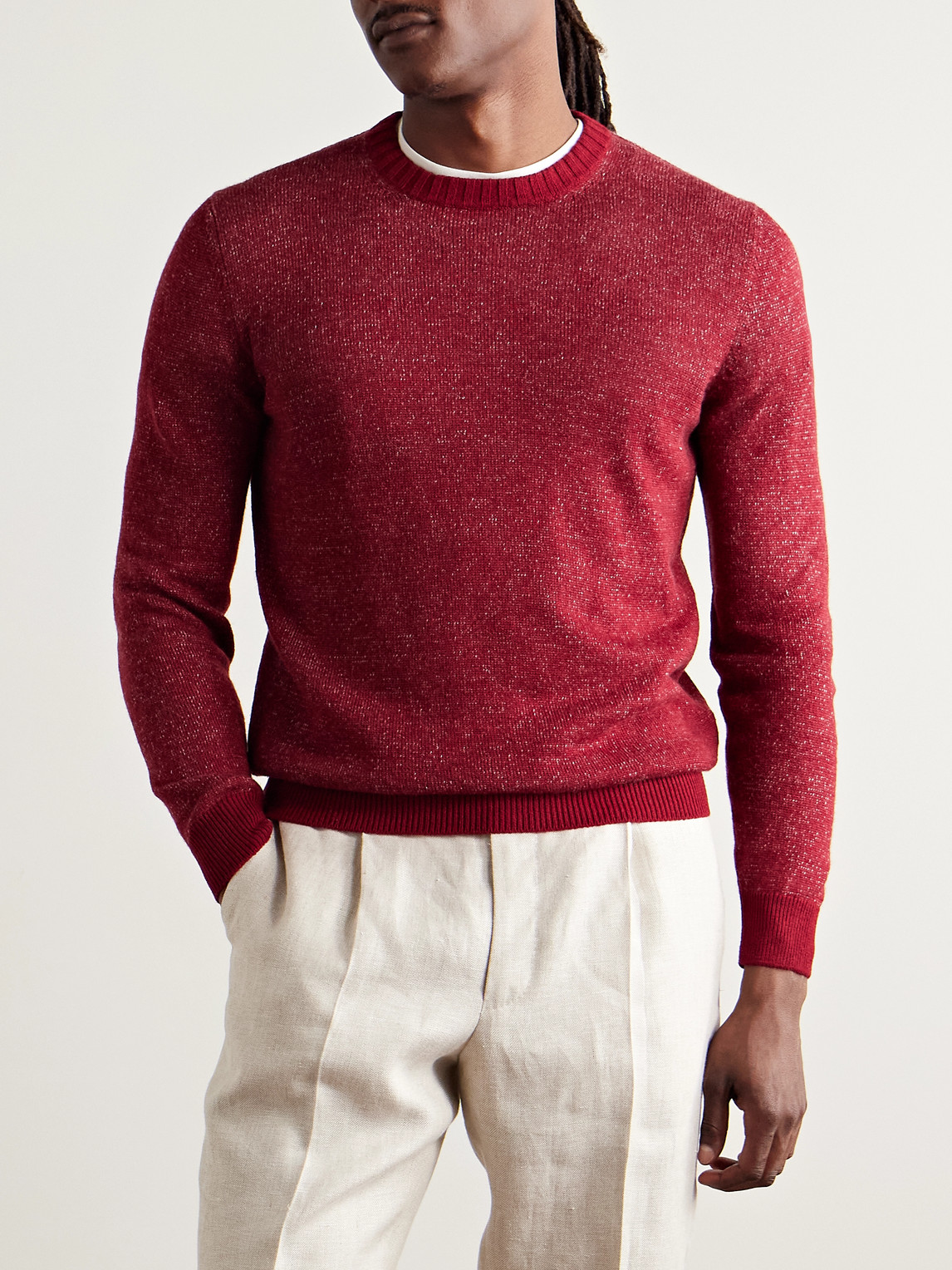 Shop Loro Piana Mélange Linen, Cashmere And Silk-blend Sweater In Red