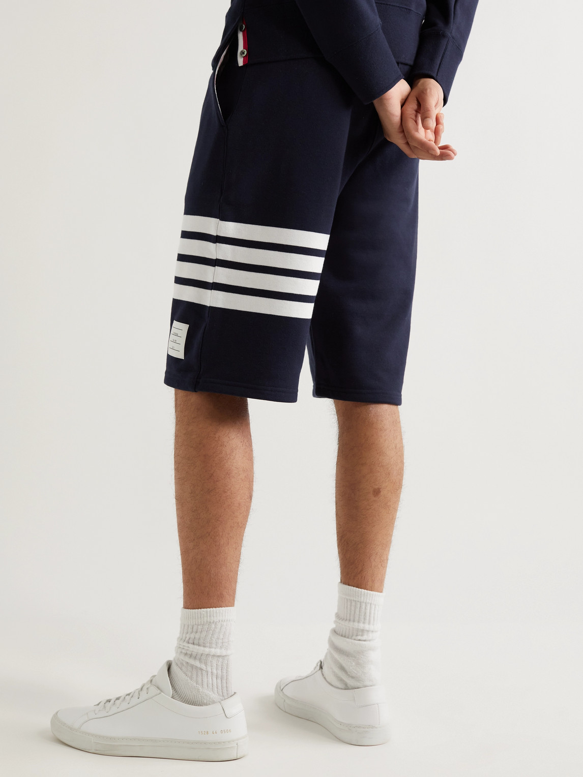 Shop Thom Browne Striped Loopback Cotton-jersey Shorts In Blue