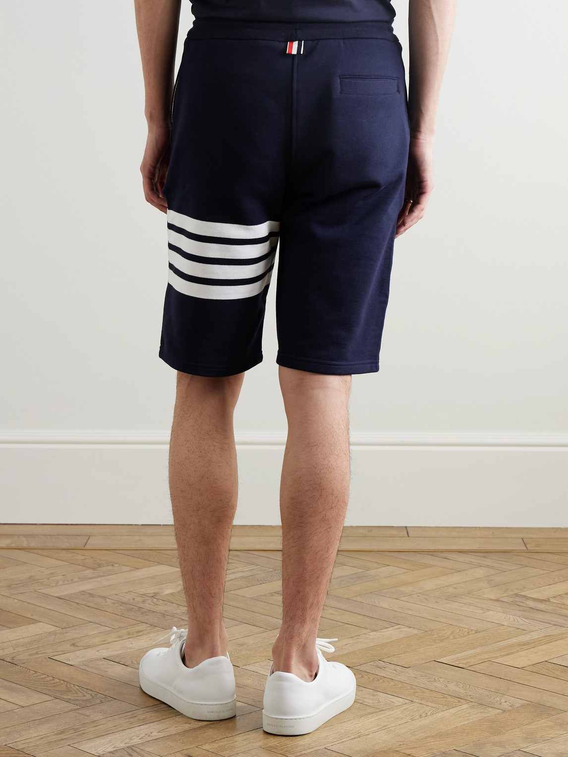 Shop Thom Browne Striped Loopback Cotton-jersey Shorts In Blue