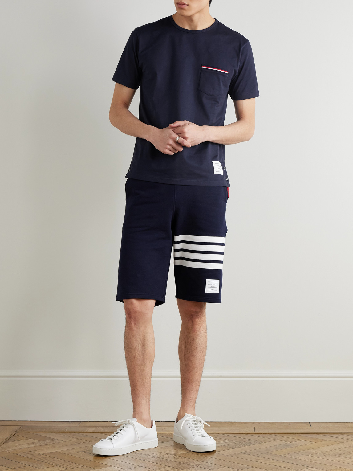 Shop Thom Browne Striped Loopback Cotton-jersey Shorts In Blue