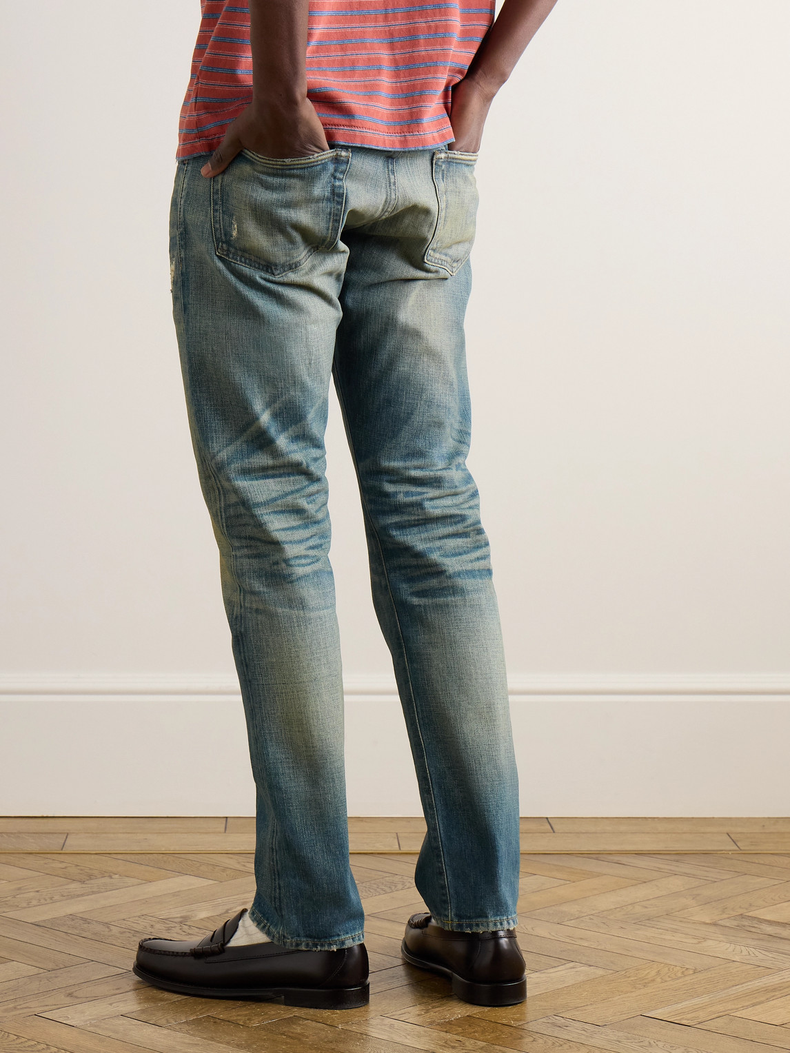 Shop Rrl Ridgway Slim-fit Distressed Selvedge Denim Jeans In Blue