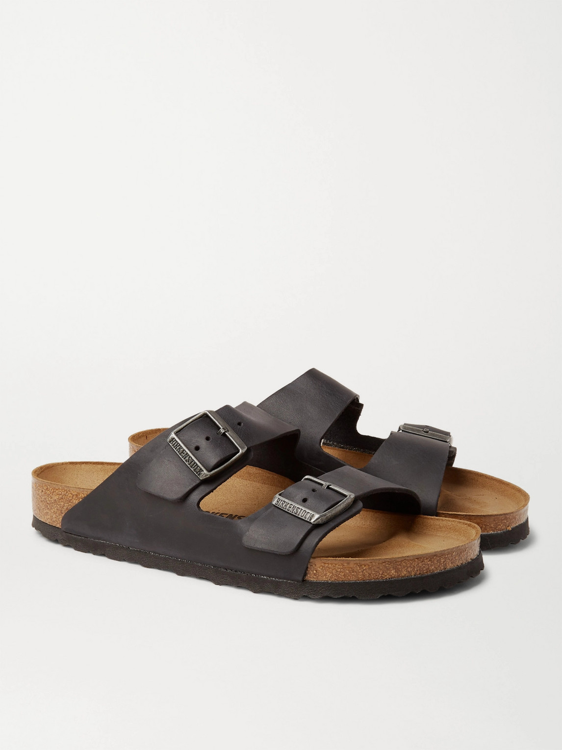 Birkenstock Arizona Bs Leather Slides With Buckle In Black