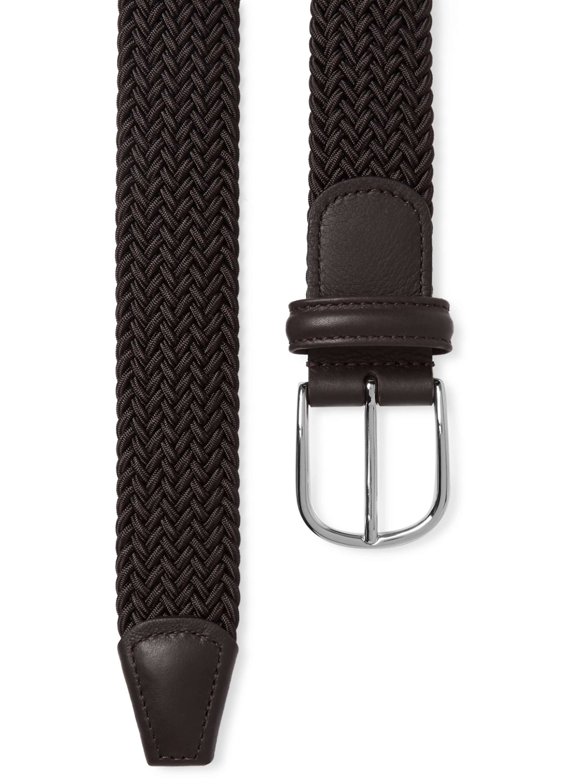 ANDERSON'S 3.5cm Navy Leather-Trimmed Woven Elastic Belt
