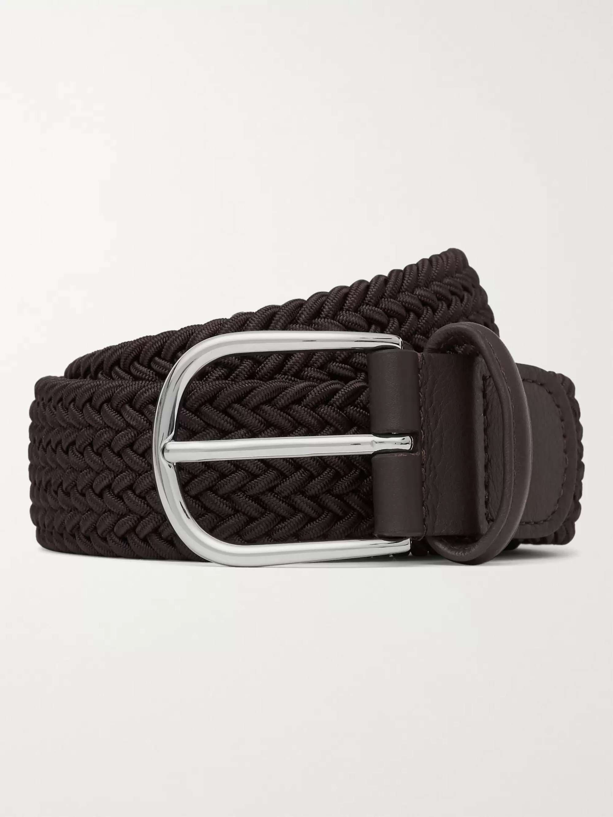 ANDERSON'S 3.5cm Navy Leather-Trimmed Woven Elastic Belt