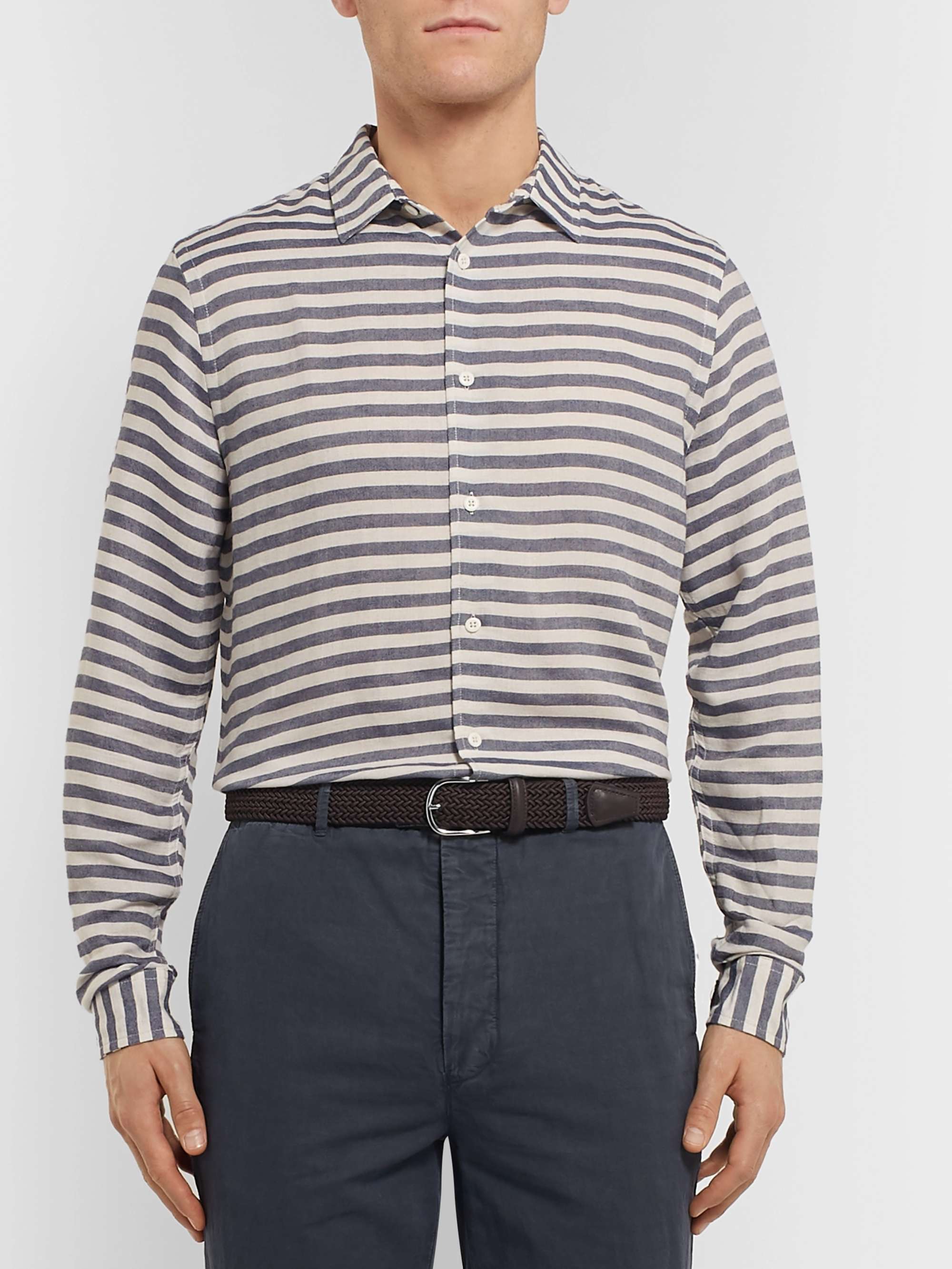 ANDERSON'S 3.5cm Navy Leather-Trimmed Woven Elastic Belt