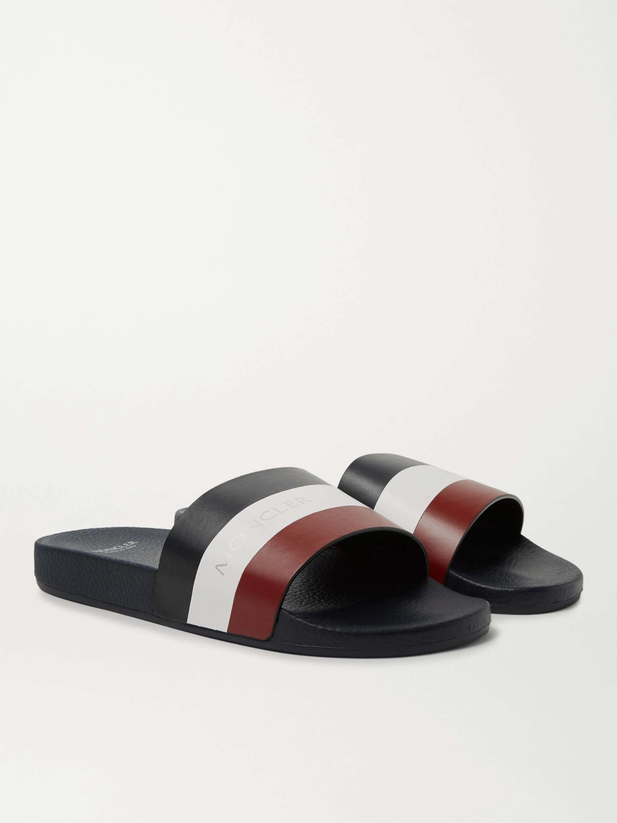 MONCLER Basile Logo-Print Striped Leather Slides