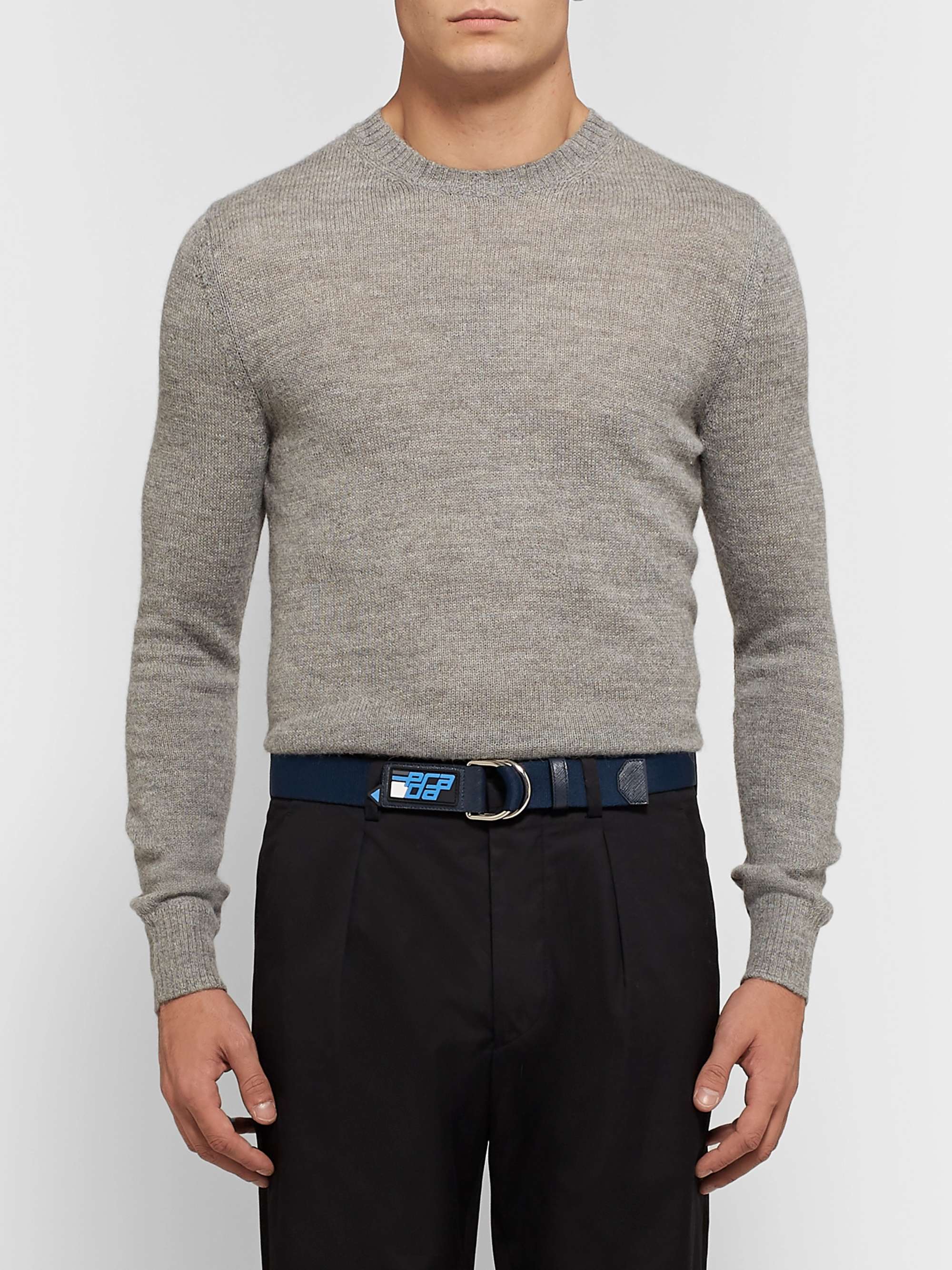 PRADA 3cm Navy Saffiano Leather-Trimmed Canvas Belt