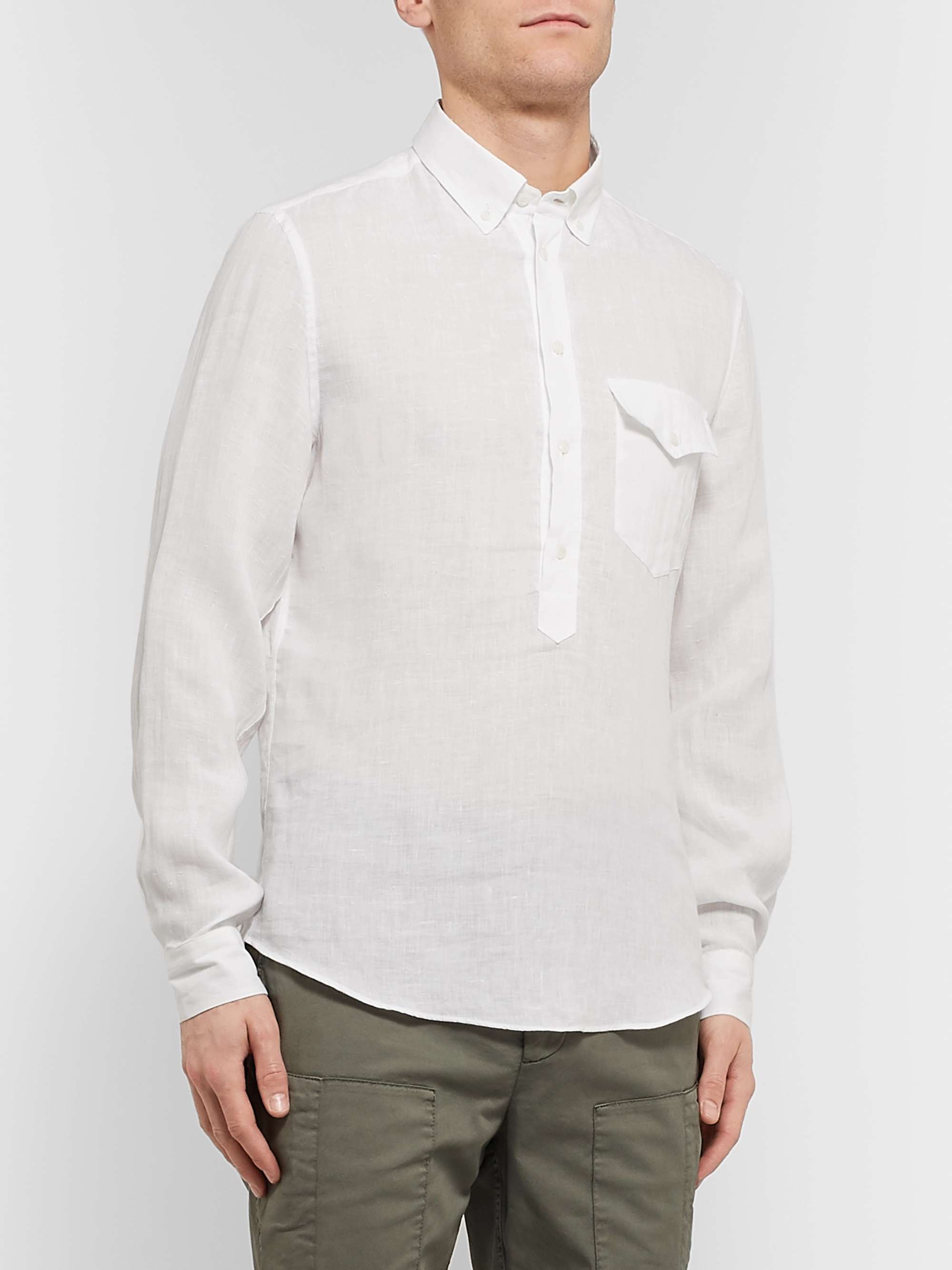 BRUNELLO CUCINELLI Button-Down Collar Linen Half-Placket Shirt for Men ...