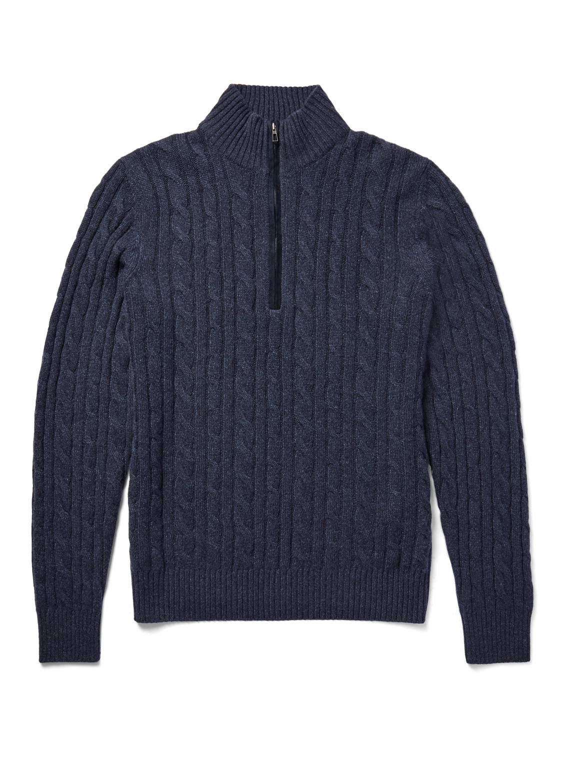 Loro Piana Suede-trimmed Cable-knit Baby Cashmere Half-zip Sweater In Navy