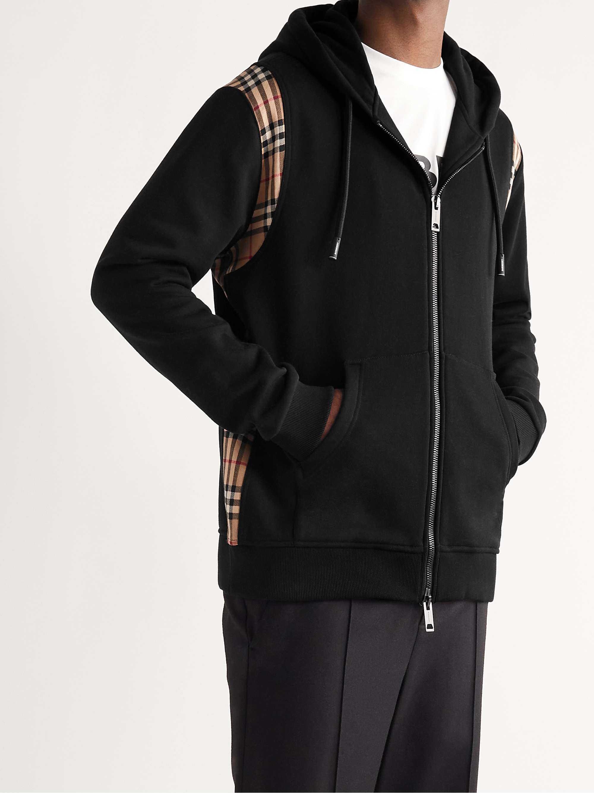 BURBERRY Panelled Checked Loopback Cotton-Jersey Zip-Up Hoodie