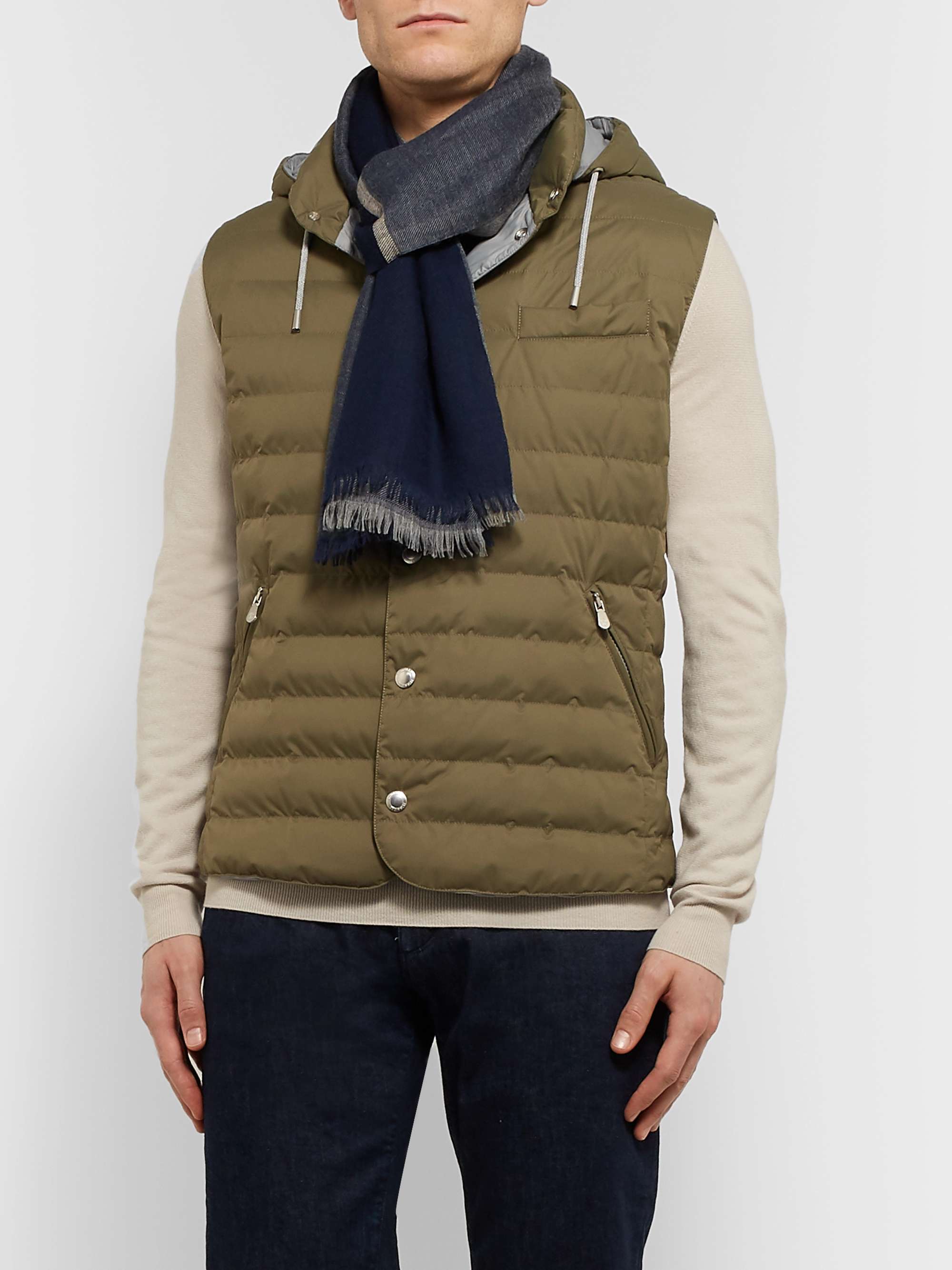 BRUNELLO CUCINELLI Fringed Striped Cashmere and Silk-Blend Scarf