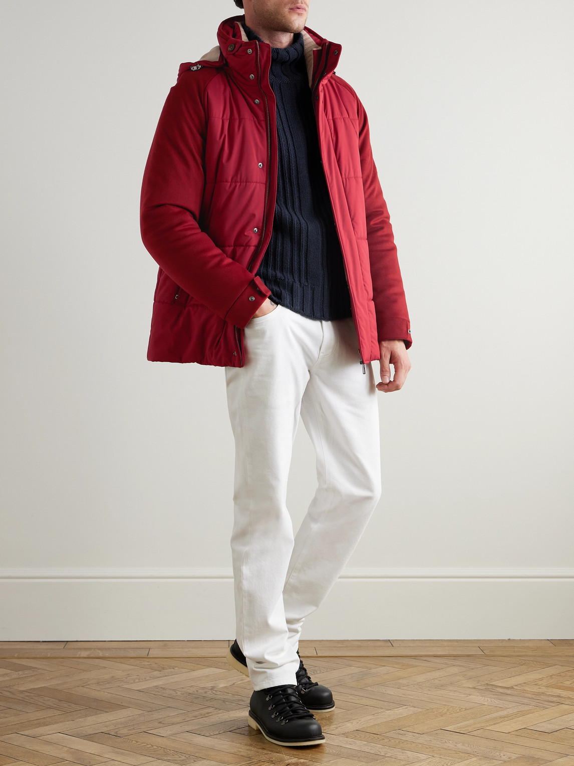 Loro Piana Storm System Quilted Baby Cashmere And Shell Hooded Jacket In Burgundy