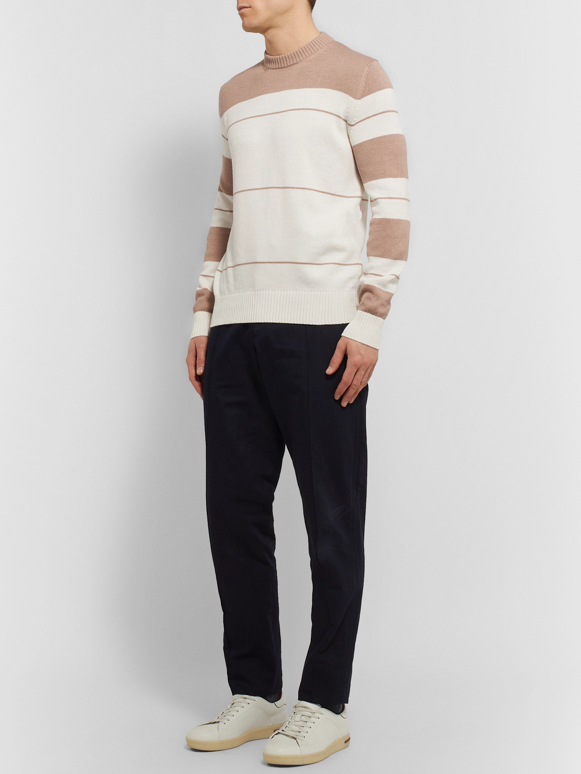 Loro Piana Striped Cotton And Silk-blend Sweater In Neutrals