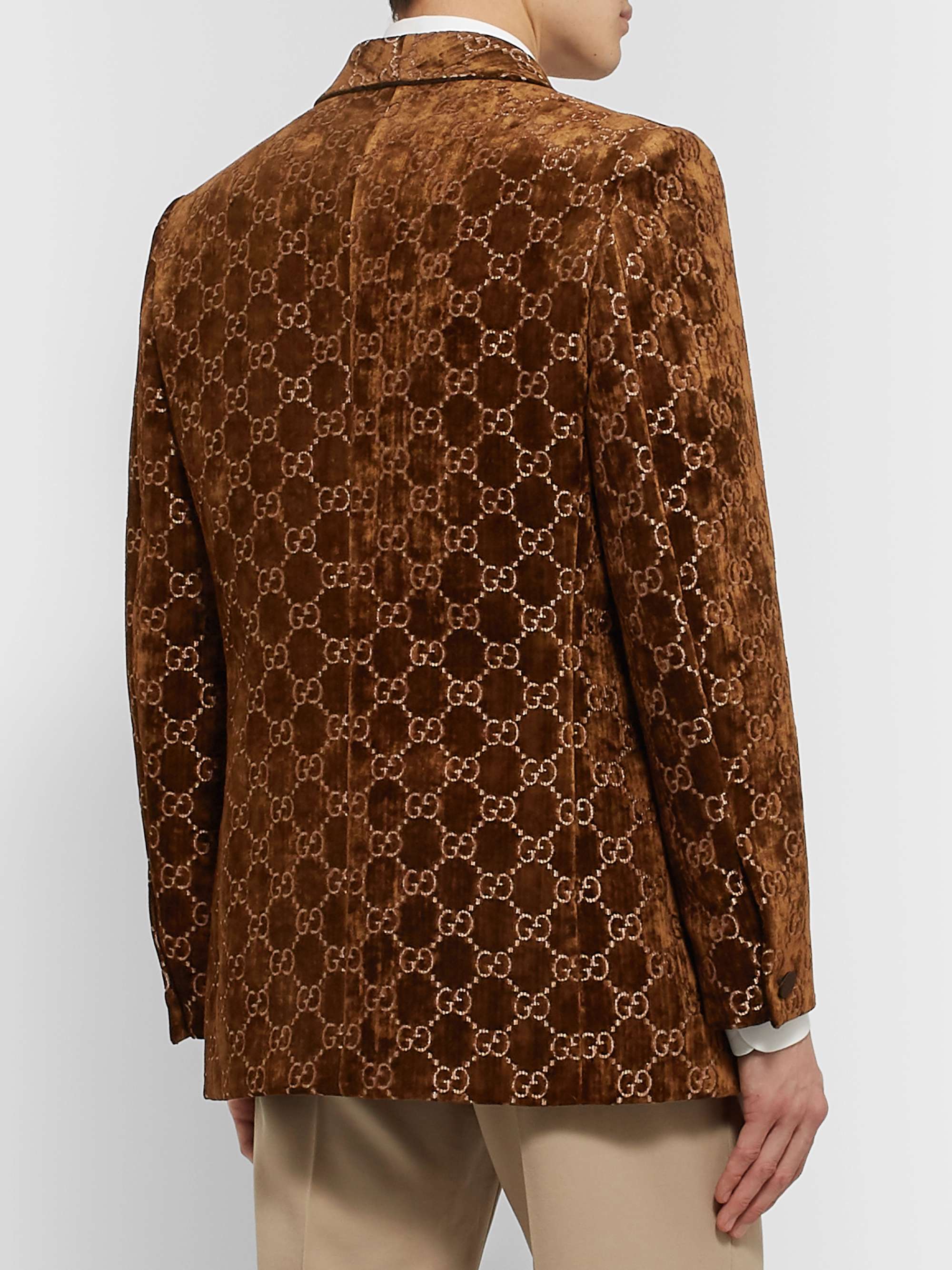GUCCI Brown Double-Breasted Logo-Embroidered Velvet Tuxedo Jacket