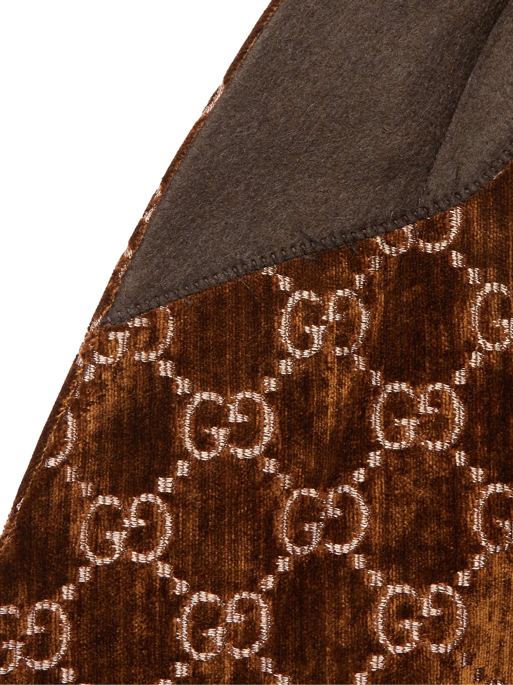 GUCCI Brown Double-Breasted Logo-Embroidered Velvet Tuxedo Jacket