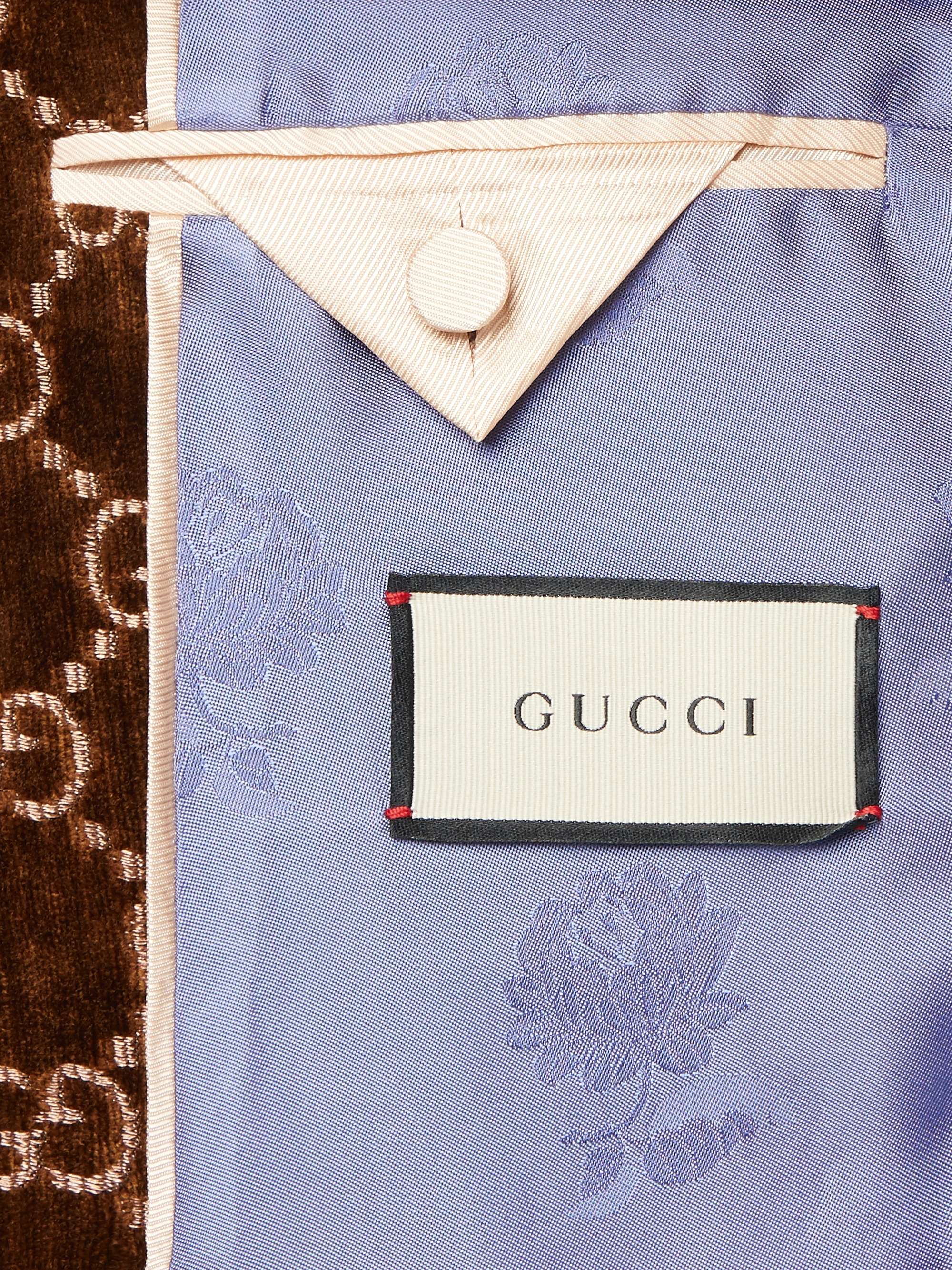 GUCCI Brown Double-Breasted Logo-Embroidered Velvet Tuxedo Jacket
