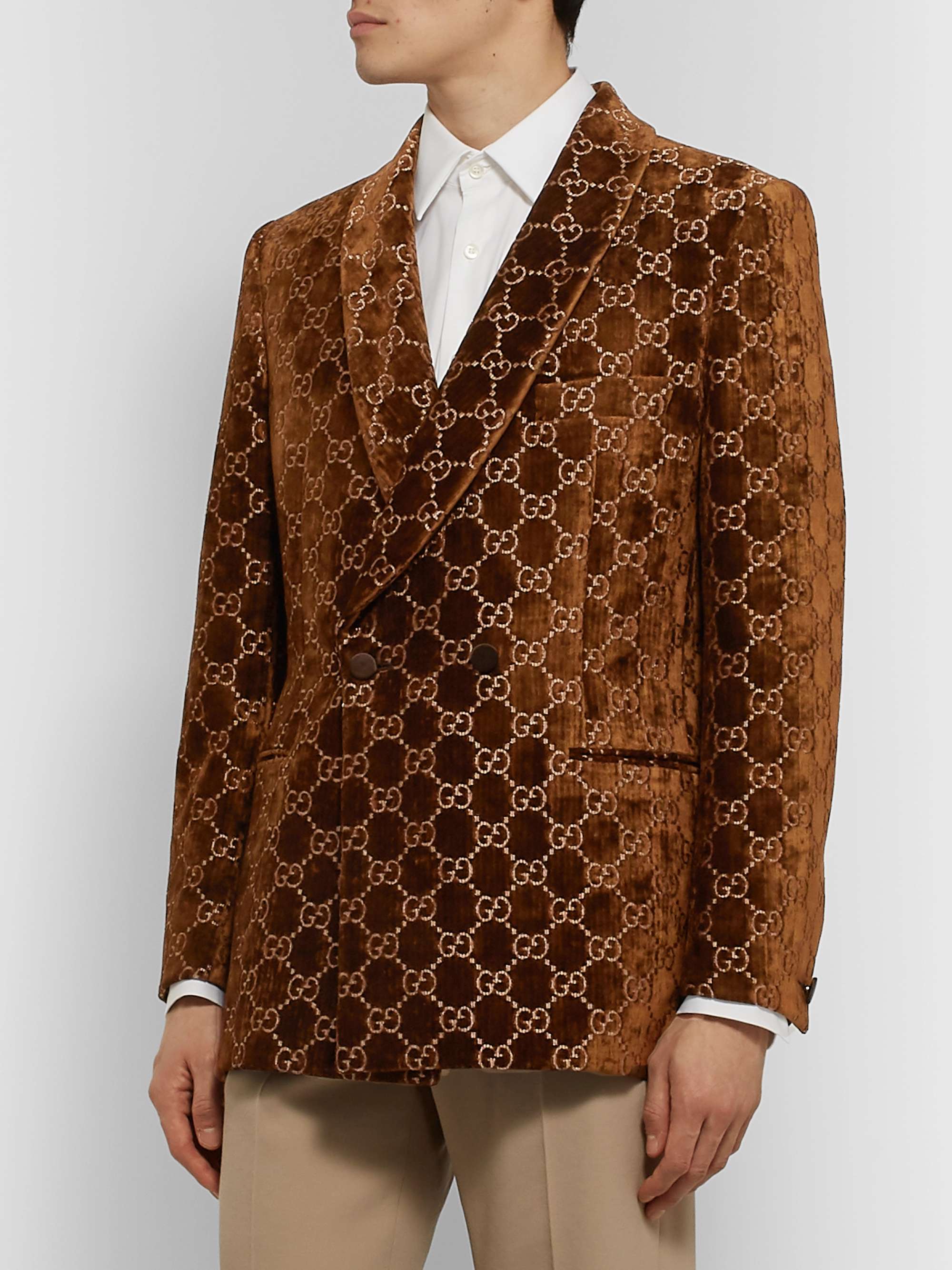 GUCCI Brown Double-Breasted Logo-Embroidered Velvet Tuxedo Jacket